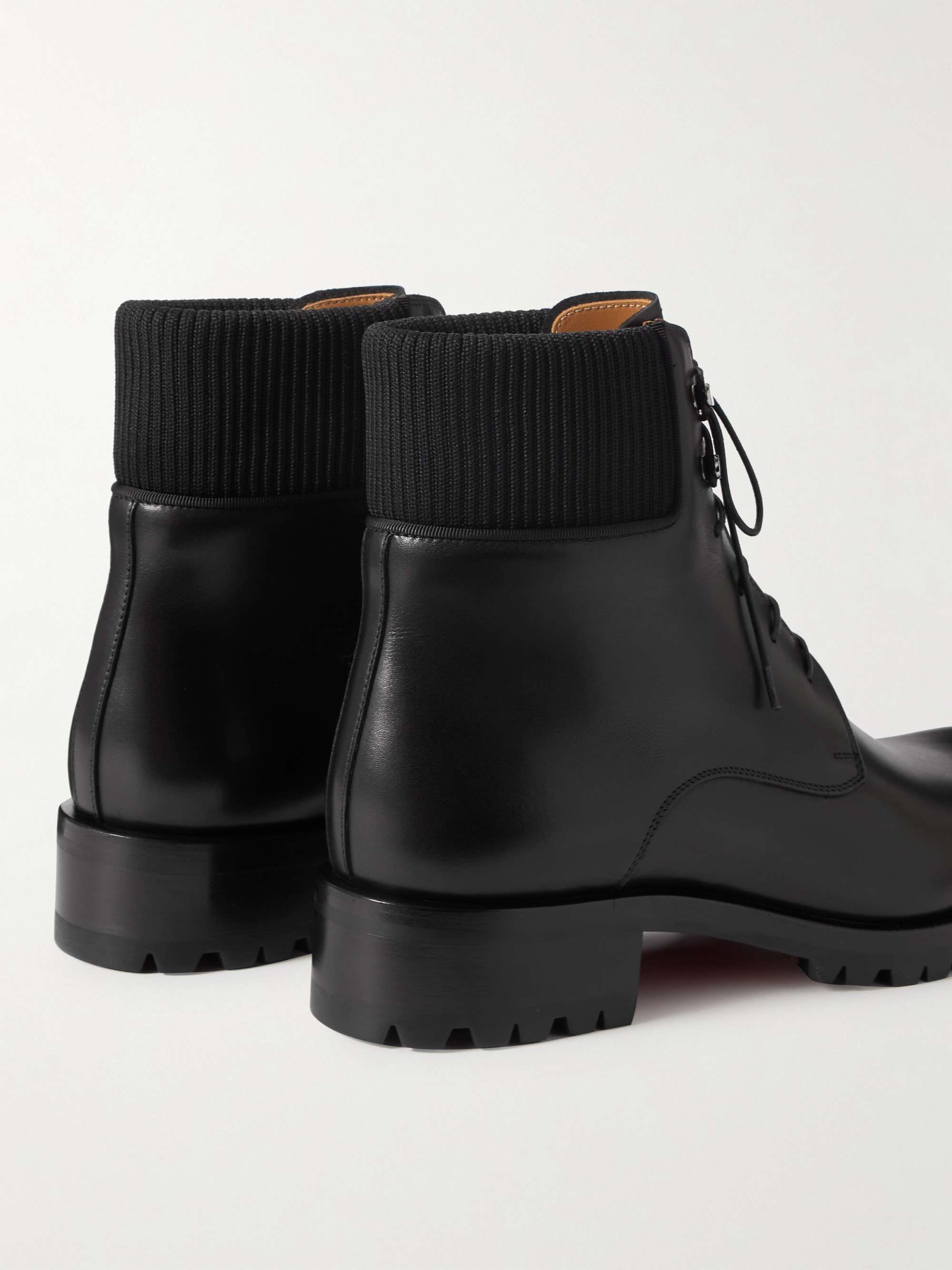 CHRISTIAN LOUBOUTIN Trapman Ribbed-Knit and Grosgrain-Trimmed Leather Boots