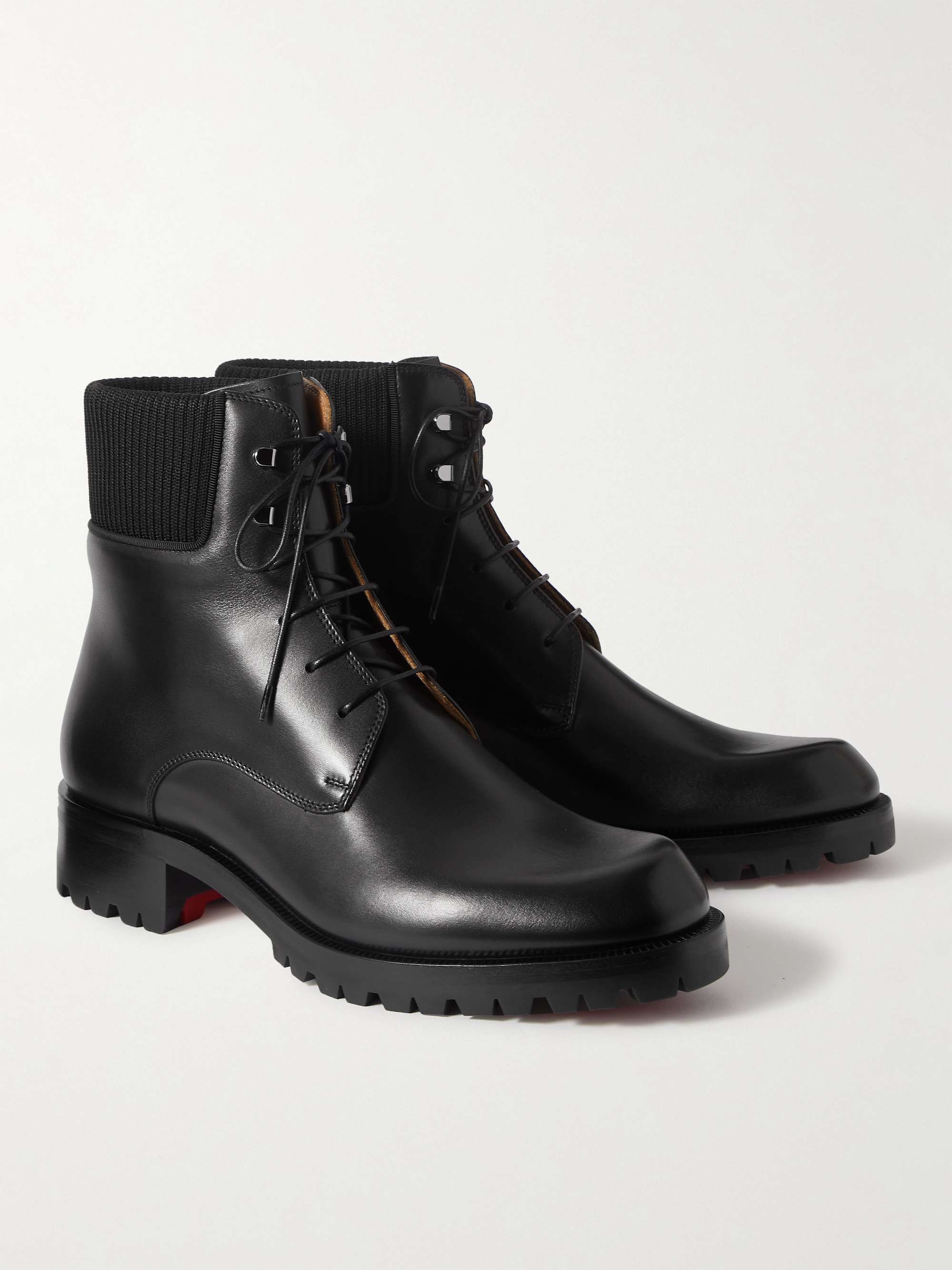 CHRISTIAN LOUBOUTIN Trapman Ribbed-Knit and Grosgrain-Trimmed Leather Boots
