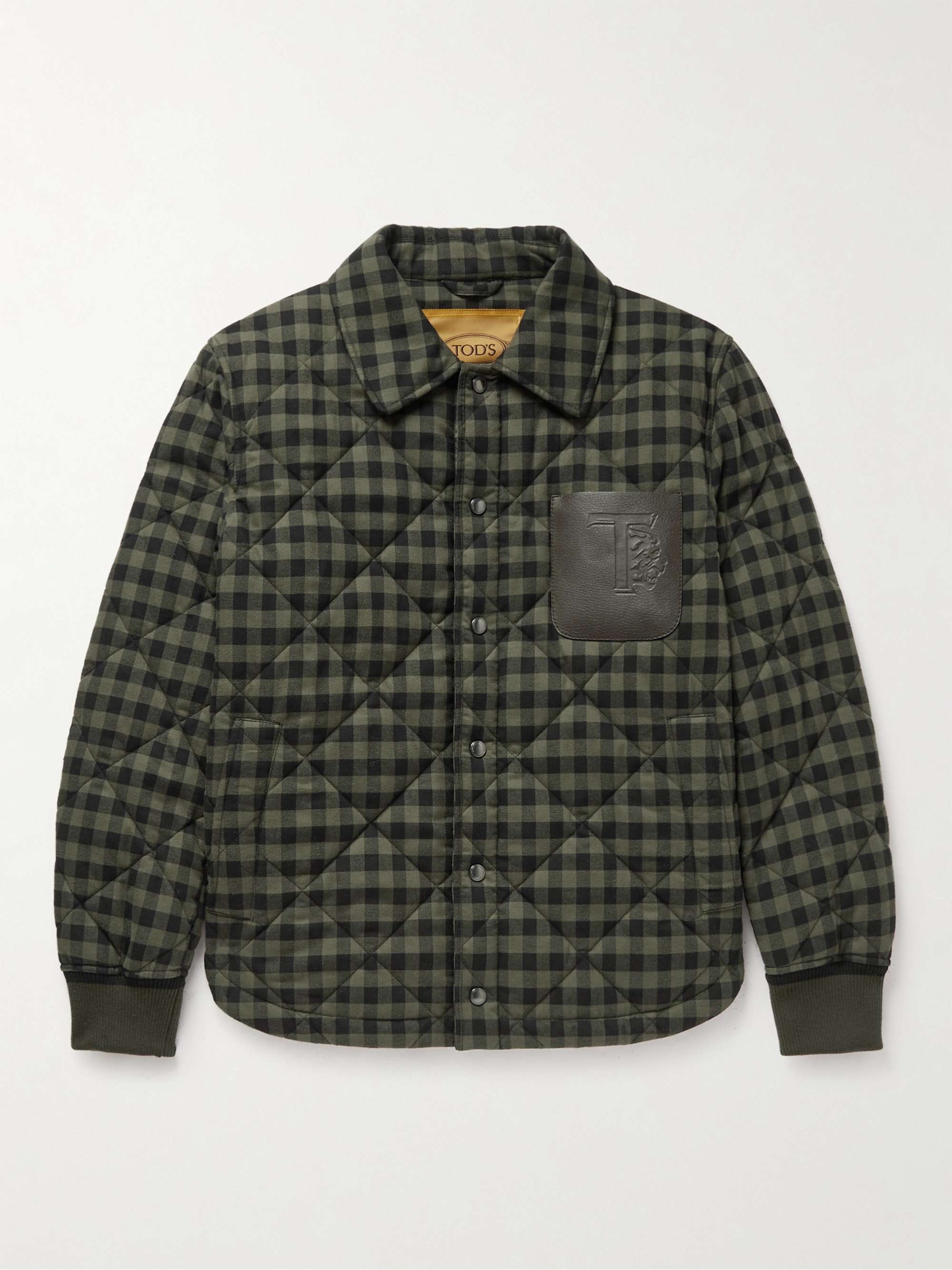 TOD'S Logo-Debossed Leather-Trimmed Quilted Checked Cotton-Flannel Jacket