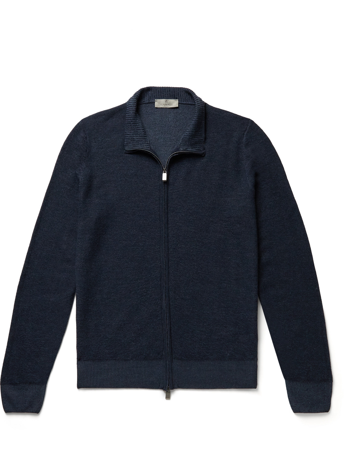 Canali Waffle-knit Wool Zip-up Cardigan In Blue