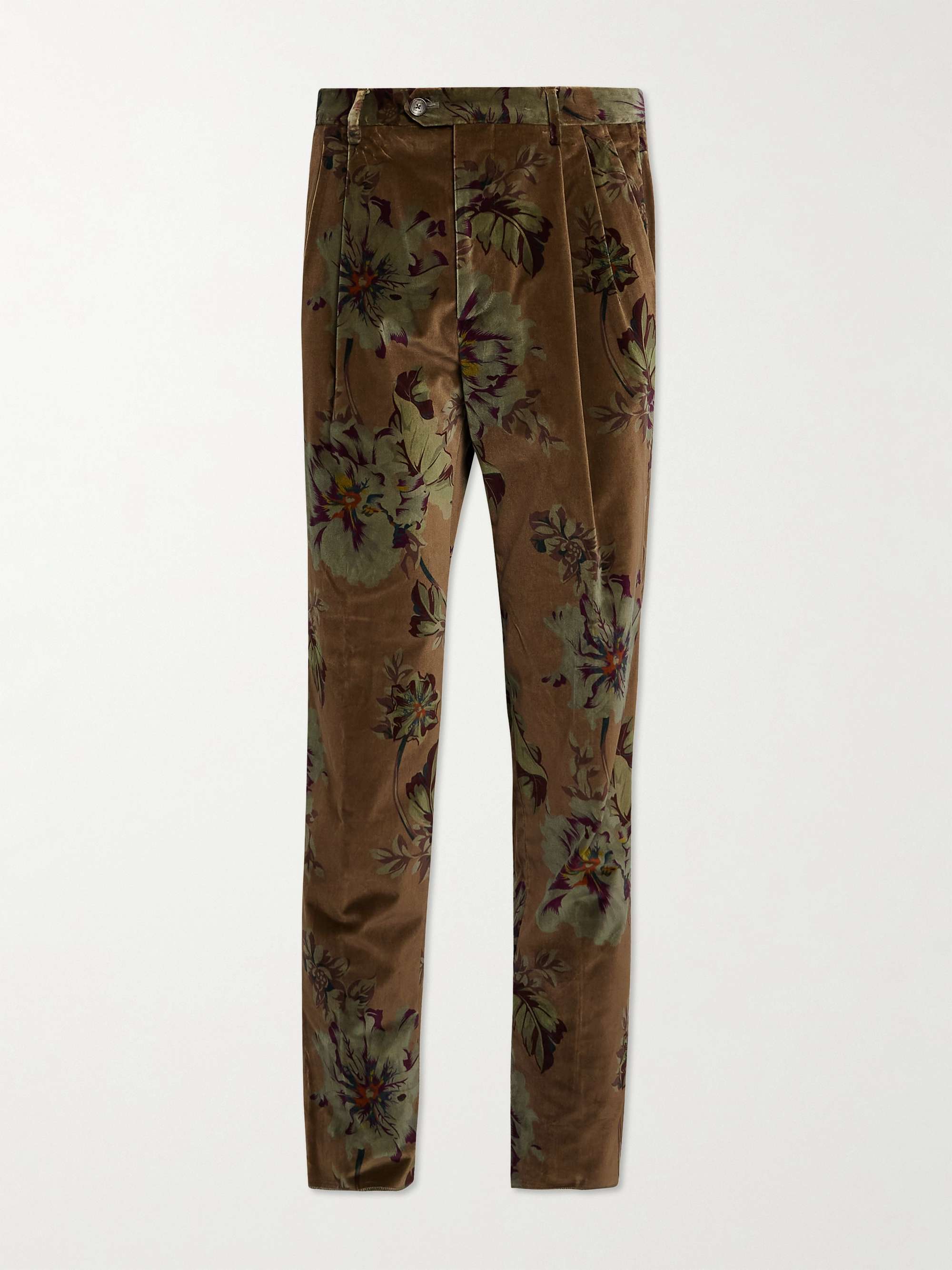 ETRO Tapered Pleated Printed Cotton-Blend Velvet Suit Trousers