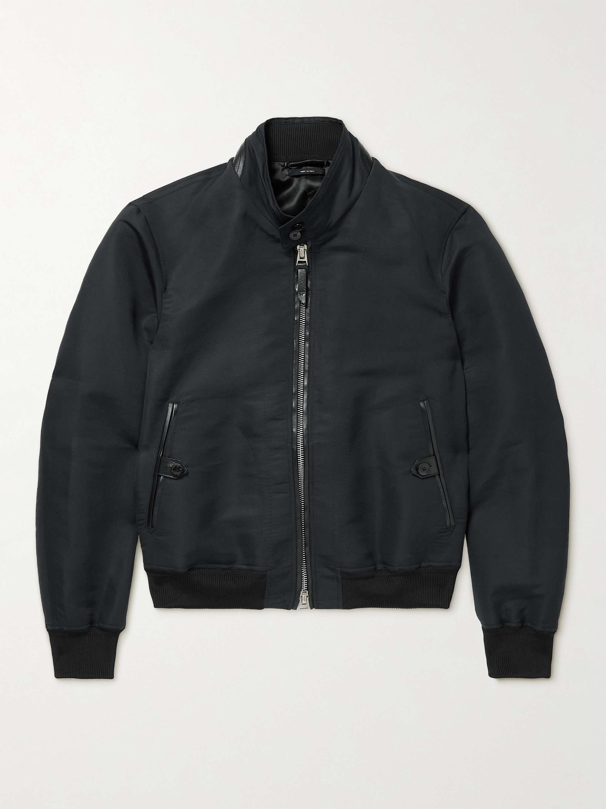 TOM FORD Leather-Trimmed Cotton and Silk-Blend Poplin Harrington Jacket