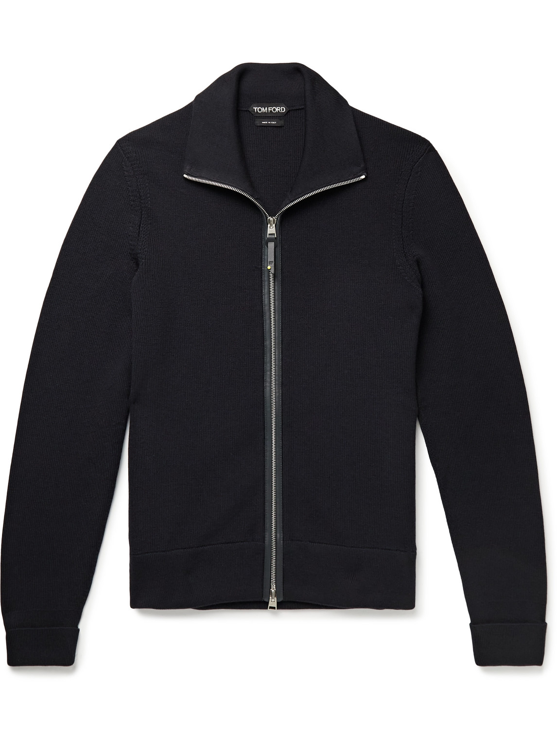Slim-Fit Leather-Trimmed Wool Zip-Up Cardigan