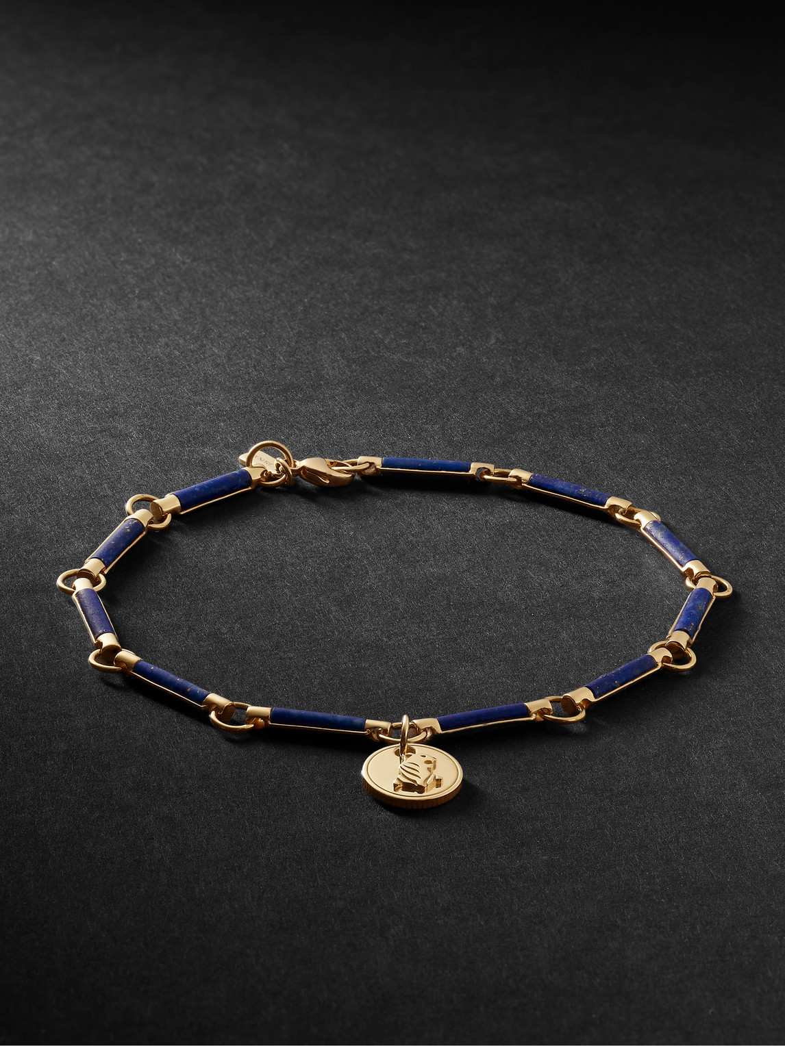 Foundrae 18k Yellow Gold Ram Resilience Medallion Lapis Lazuli Bracelet In Blue