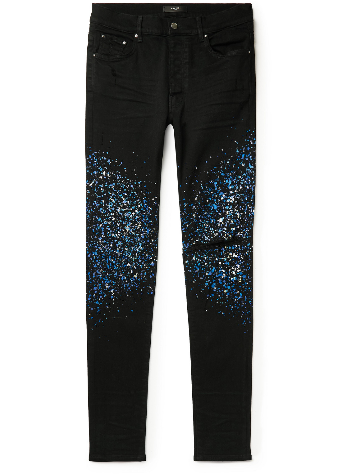 Skinny-Fit Distressed Crystal-Embellished Paint-Splattered Jeans