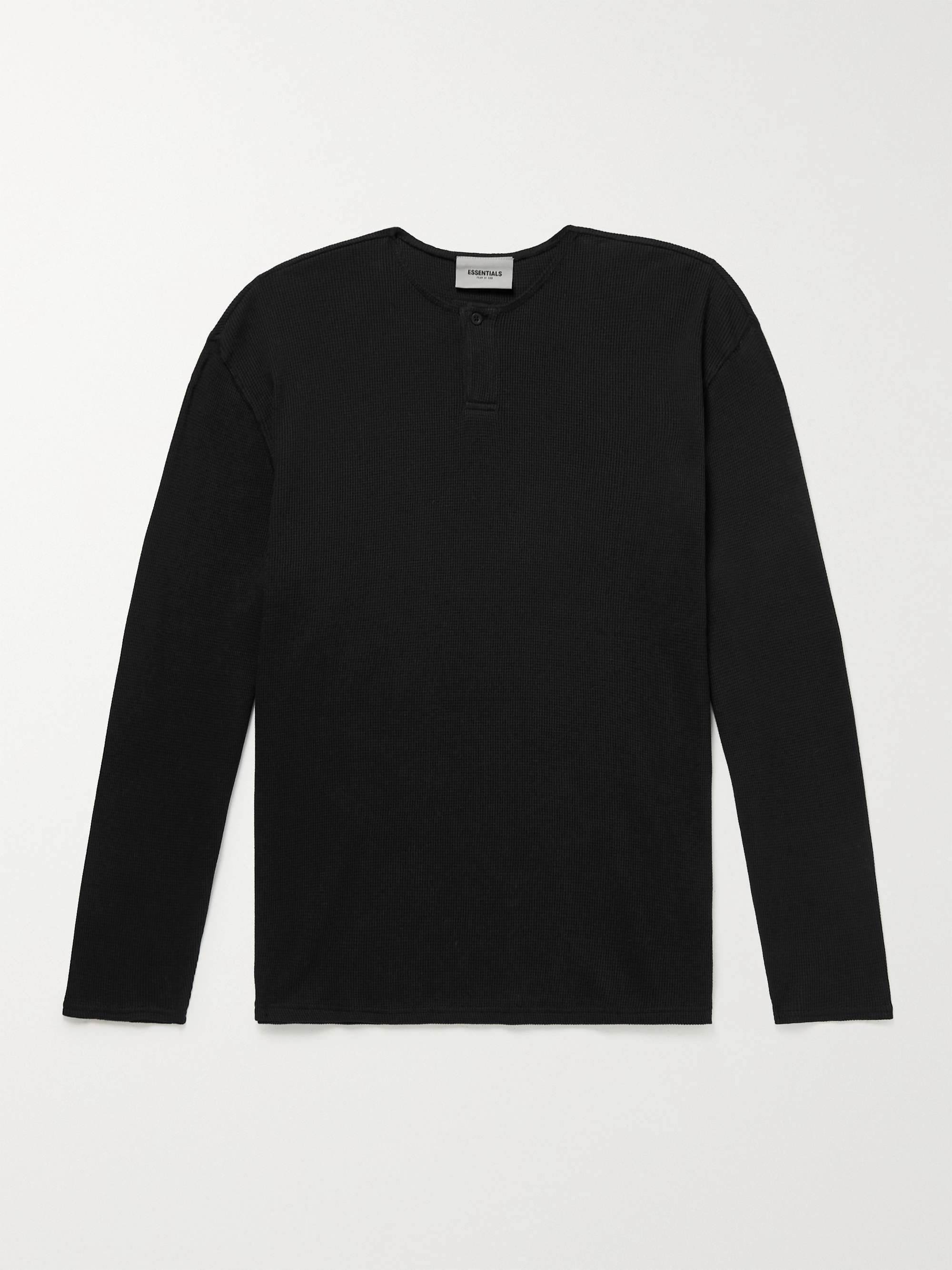 피어오브갓 에센셜 티셔츠 ESSENTIALS Logo-Appliqued Waffle-Knit Cotton-Jersey Henley T-Shirt,Black