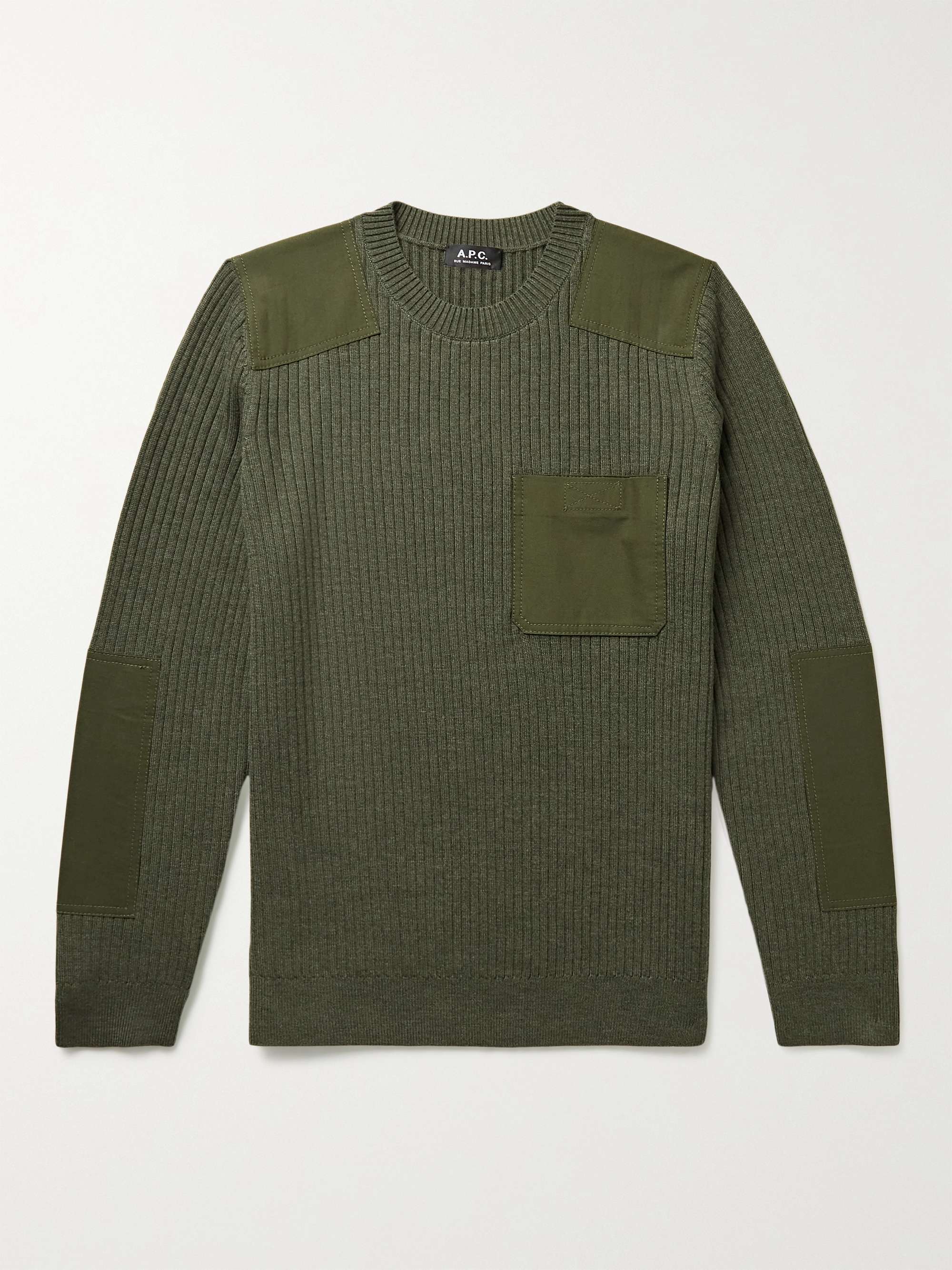 아페쎄 스웨터 A.P.C. Canvas-Trimmed Ribbed Wool Sweater,Army green