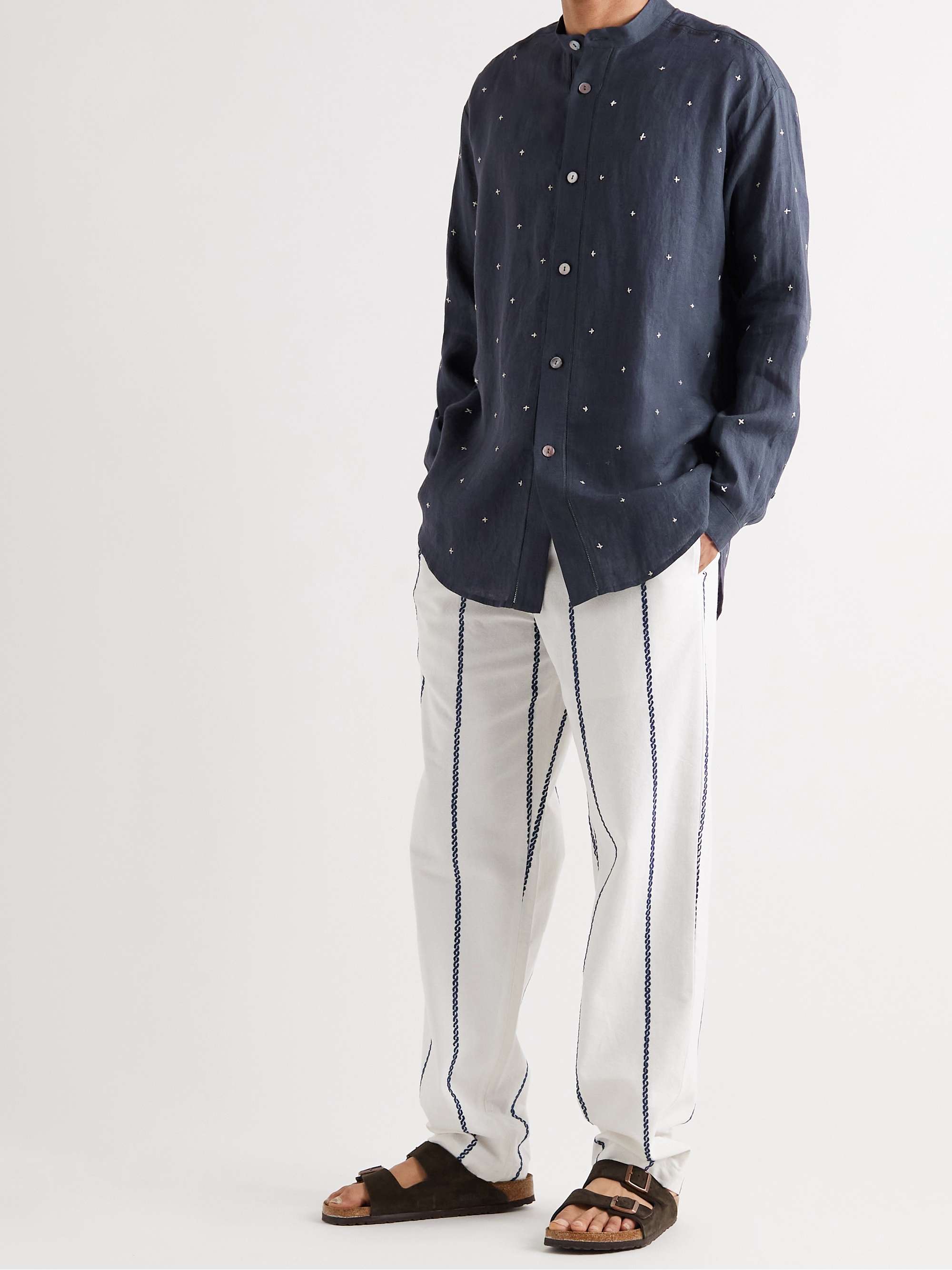 SMR DAYS Grandad-Collar Embroidered Linen Shirt