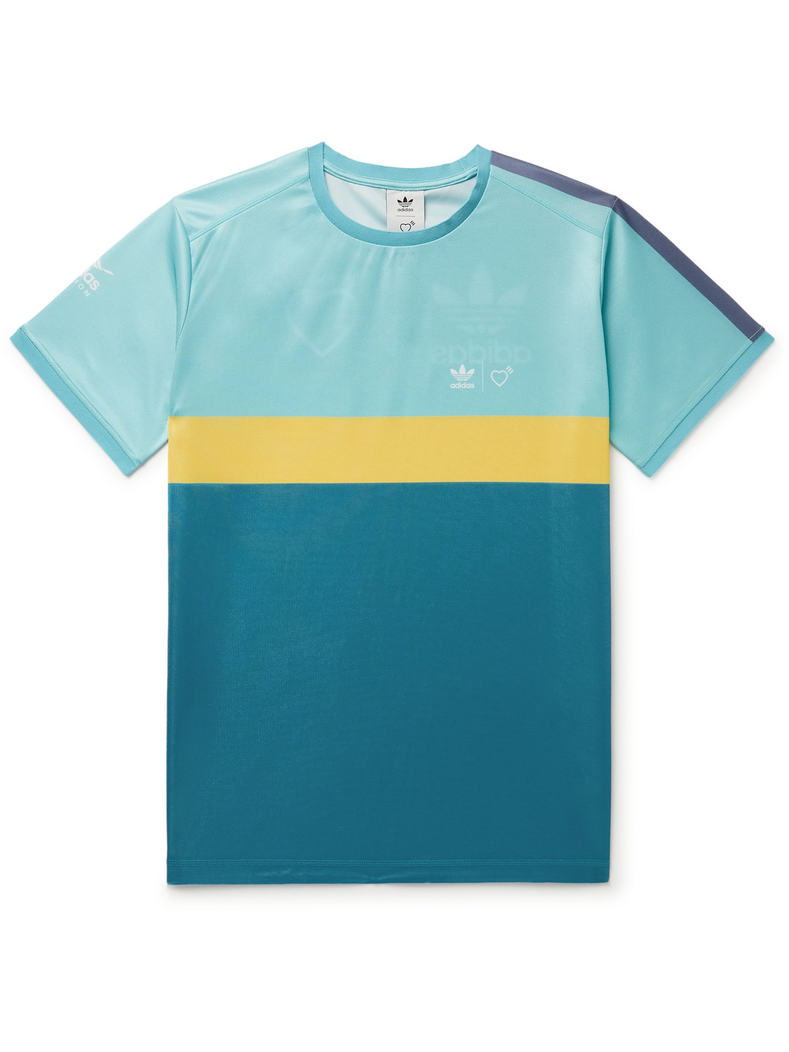 Adidas Consortium Human Made Logo-print Colour-block Mesh T-shirt In Blue