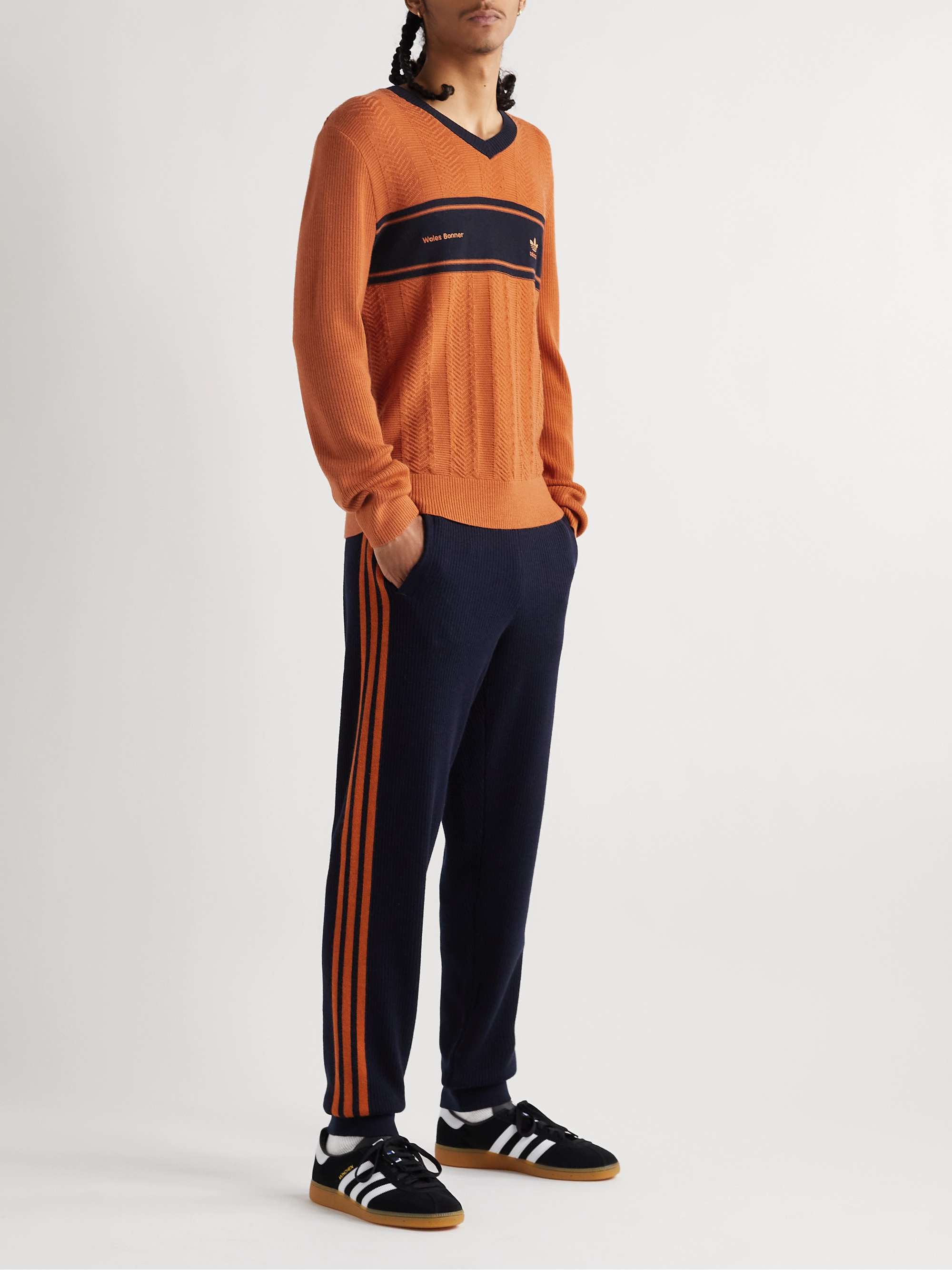 ADIDAS CONSORTIUM + Wales Bonner Striped Embroidered Ribbed Wool-Blend Sweater