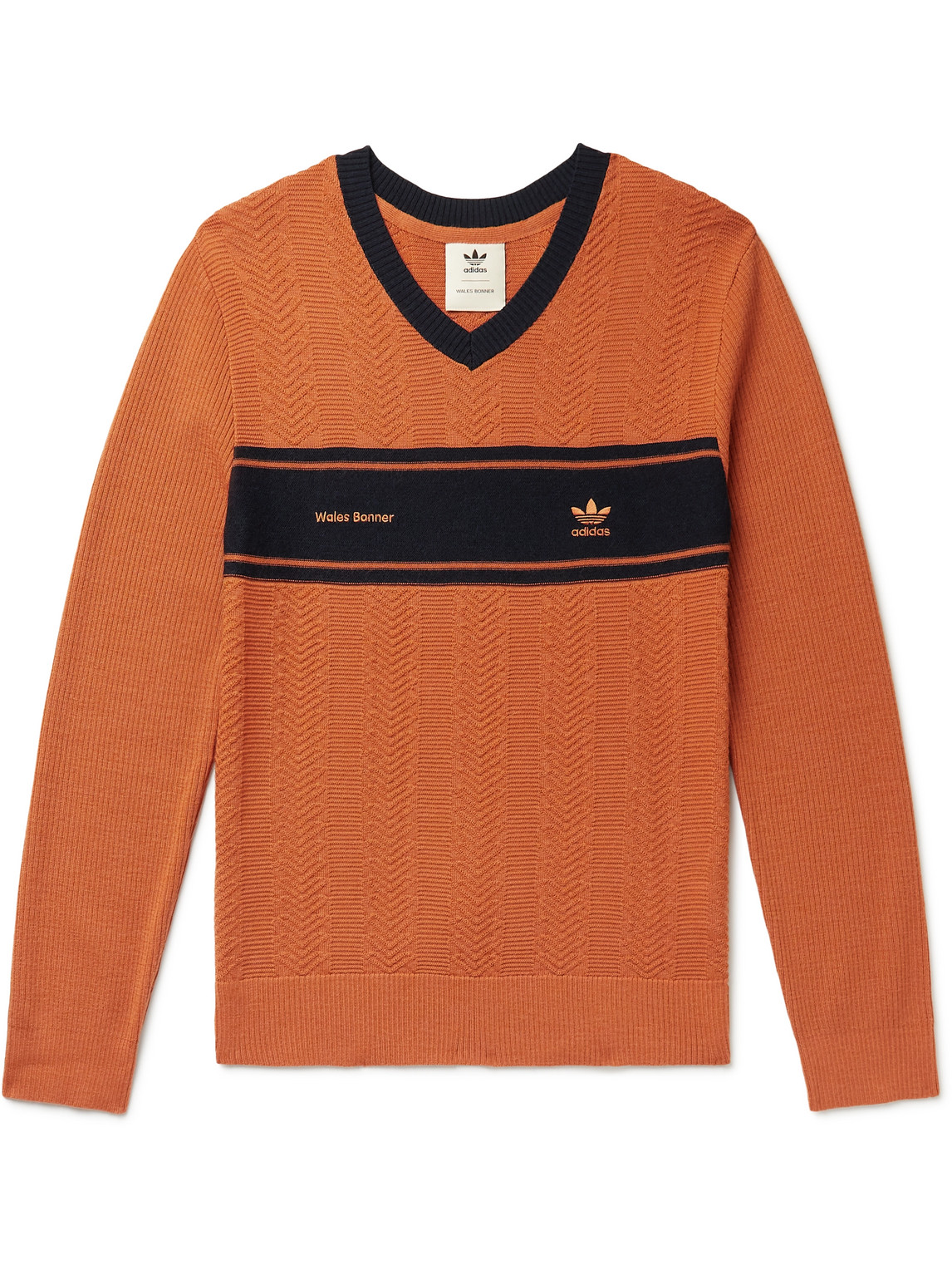 Adidas Consortium Wales Bonner Striped Embroidered Ribbed Wool-blend Sweater In Orange