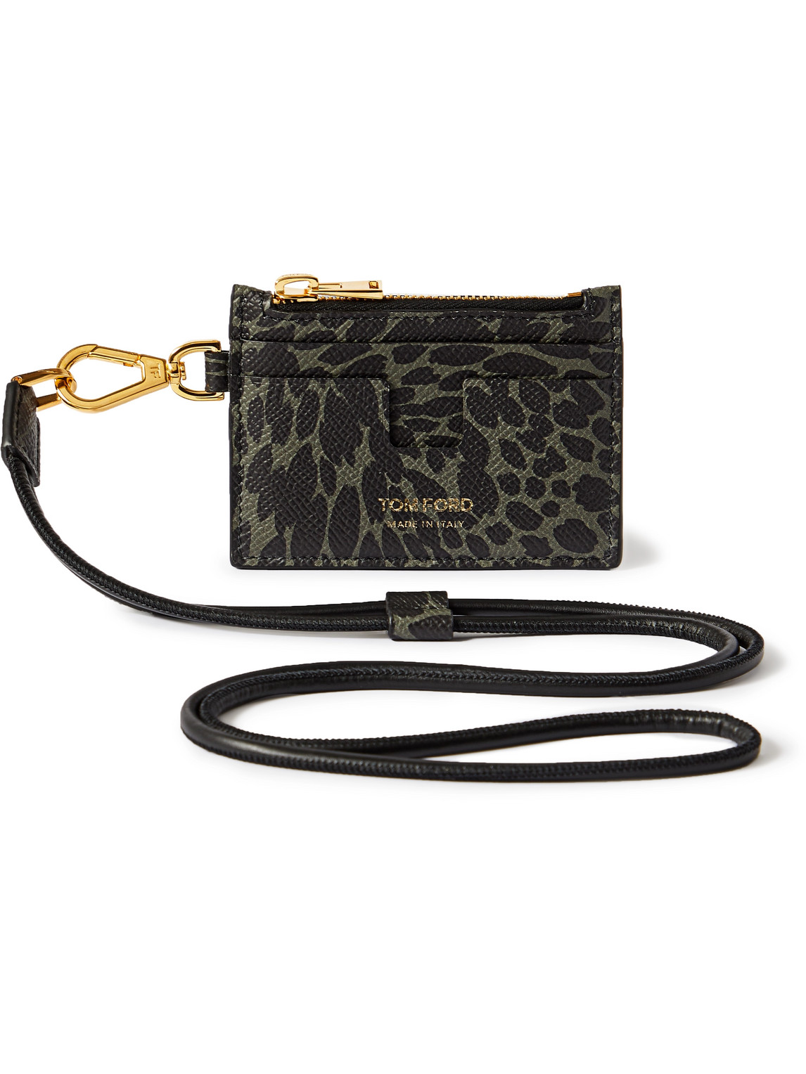 Tom Ford Leopard-print Full-grain Leather Cardholder With Lanyard In Black