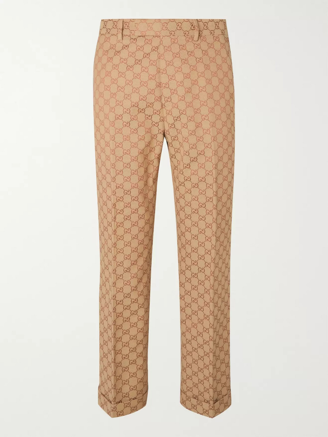 Gucci Slim-fit Logo-jacquard Cotton-blend Suit Trousers In Neutrals