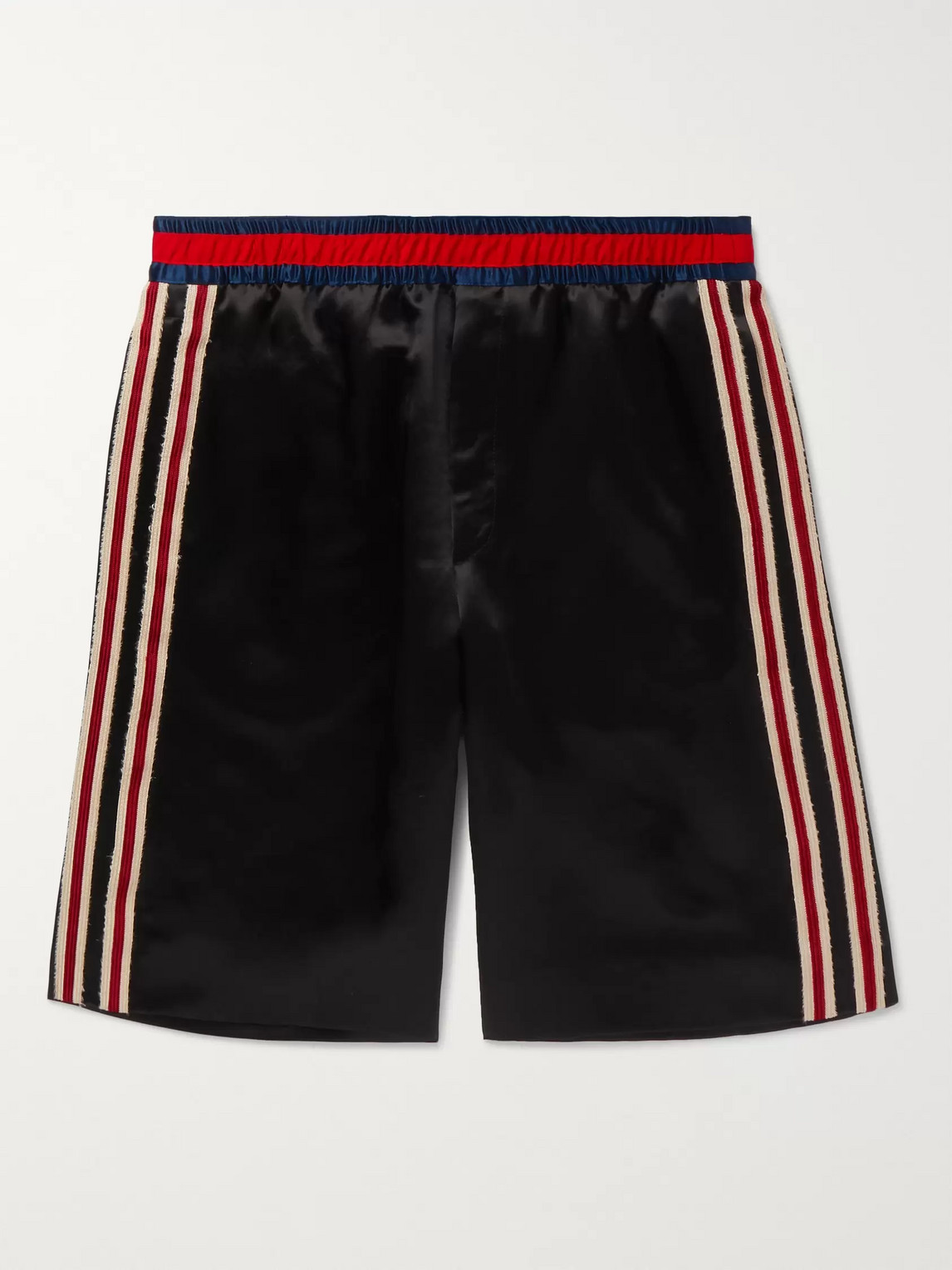 Gucci Wide-leg Webbing-trimmed Embroidered Satin Shorts In Black