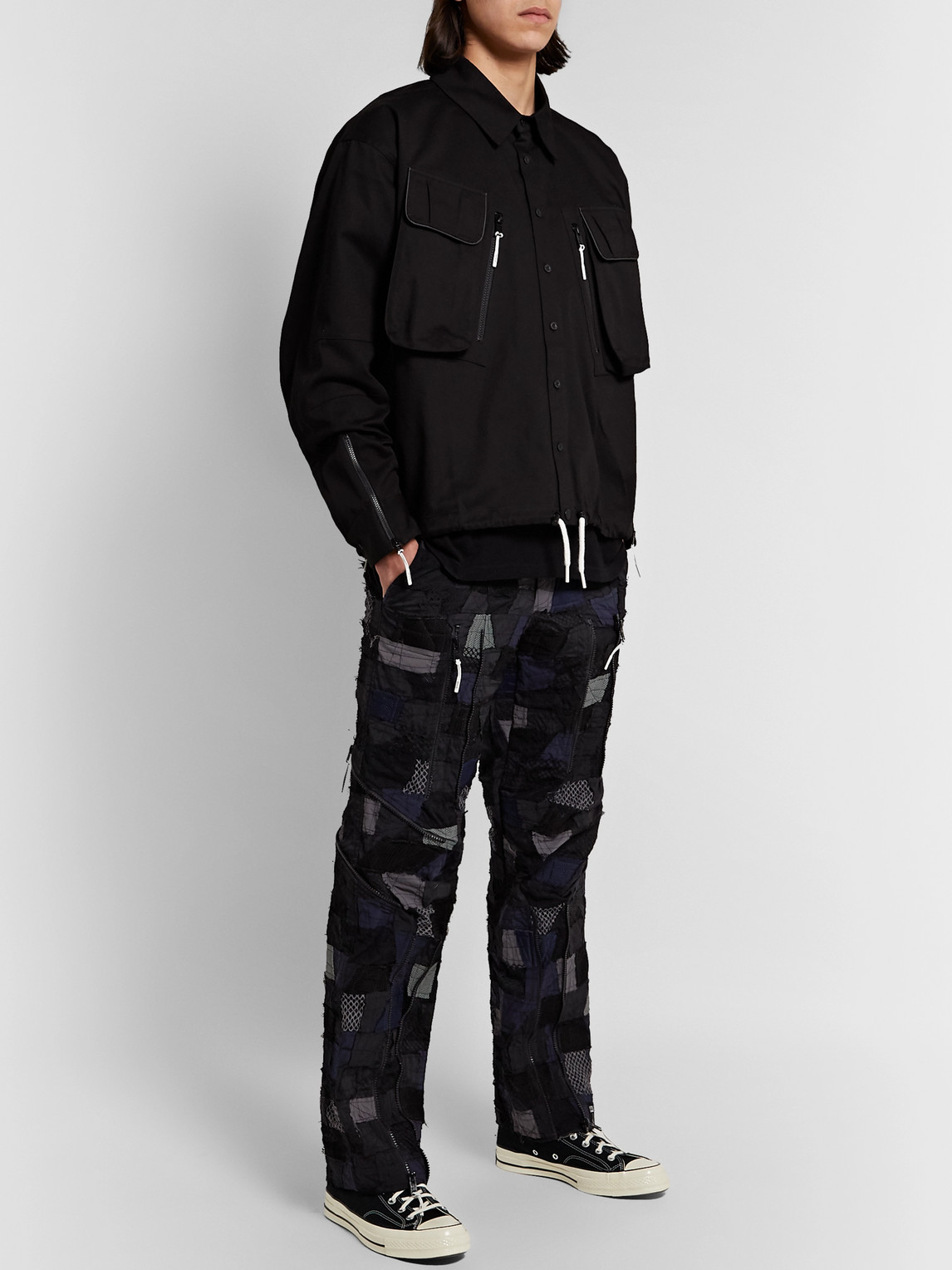99% Is Belted Patchwork Embroidered Stretch-nylon Trousers In Black