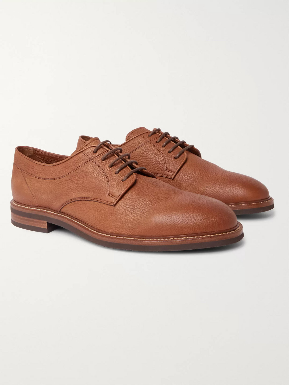 Brunello Cucinelli Pebble-grain Leather Derby Shoes In Brown