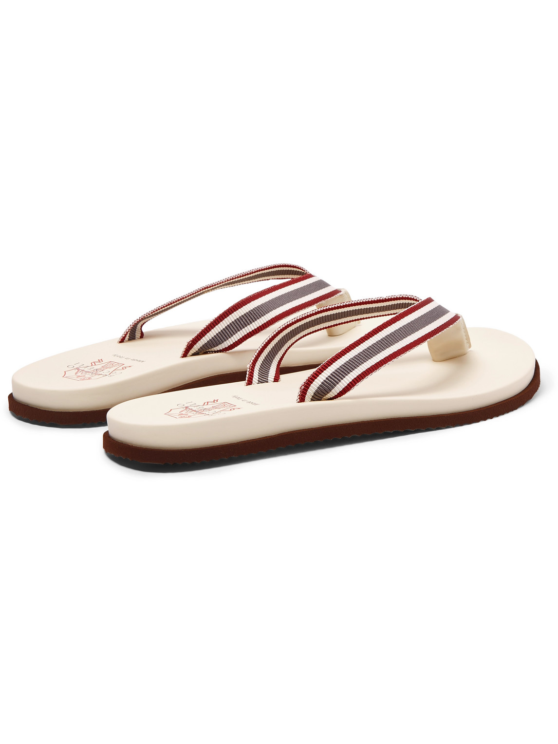 Shop Brunello Cucinelli Striped Webbing, Leather And Rubber Flip Flops In White