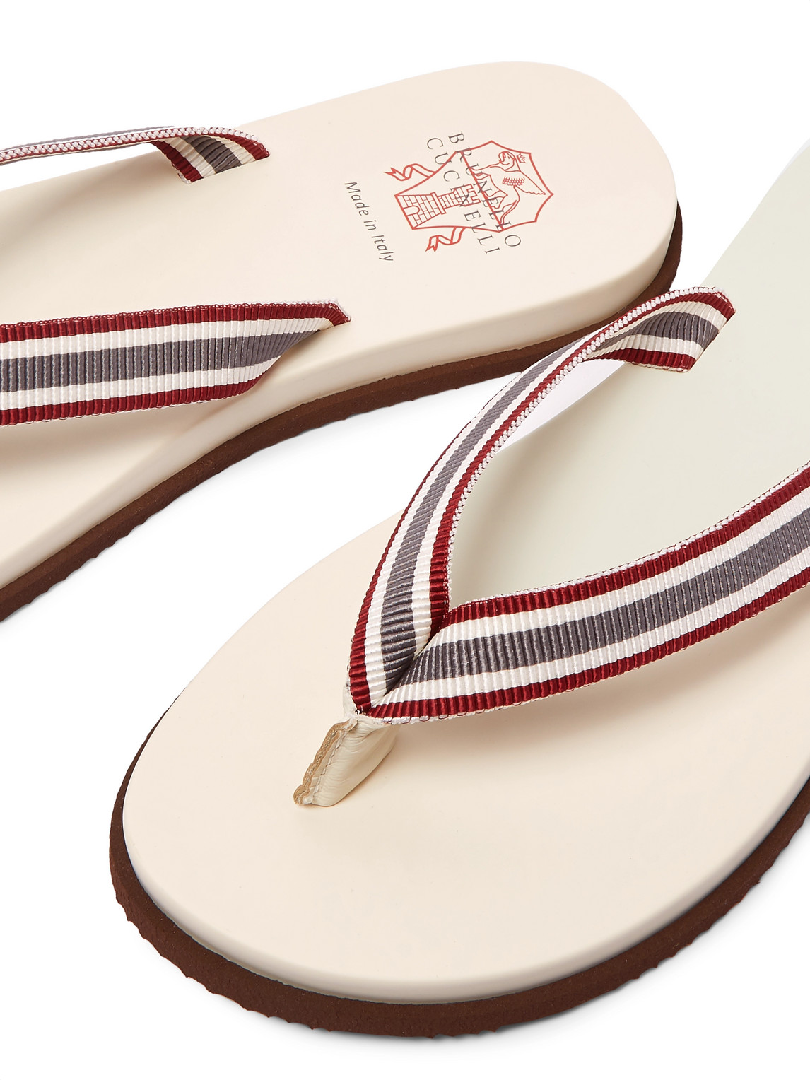 Shop Brunello Cucinelli Striped Webbing, Leather And Rubber Flip Flops In White