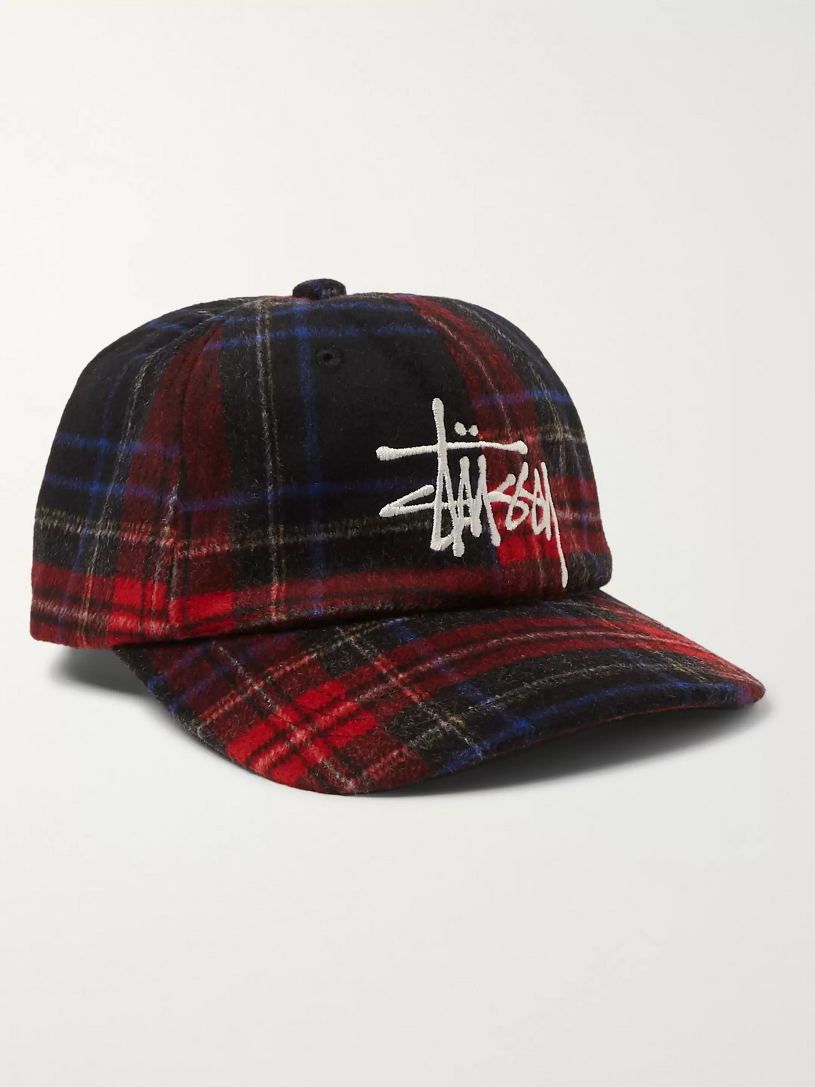 Stussy Logo-embroidered Checked Flannel Baseball Cap In Black