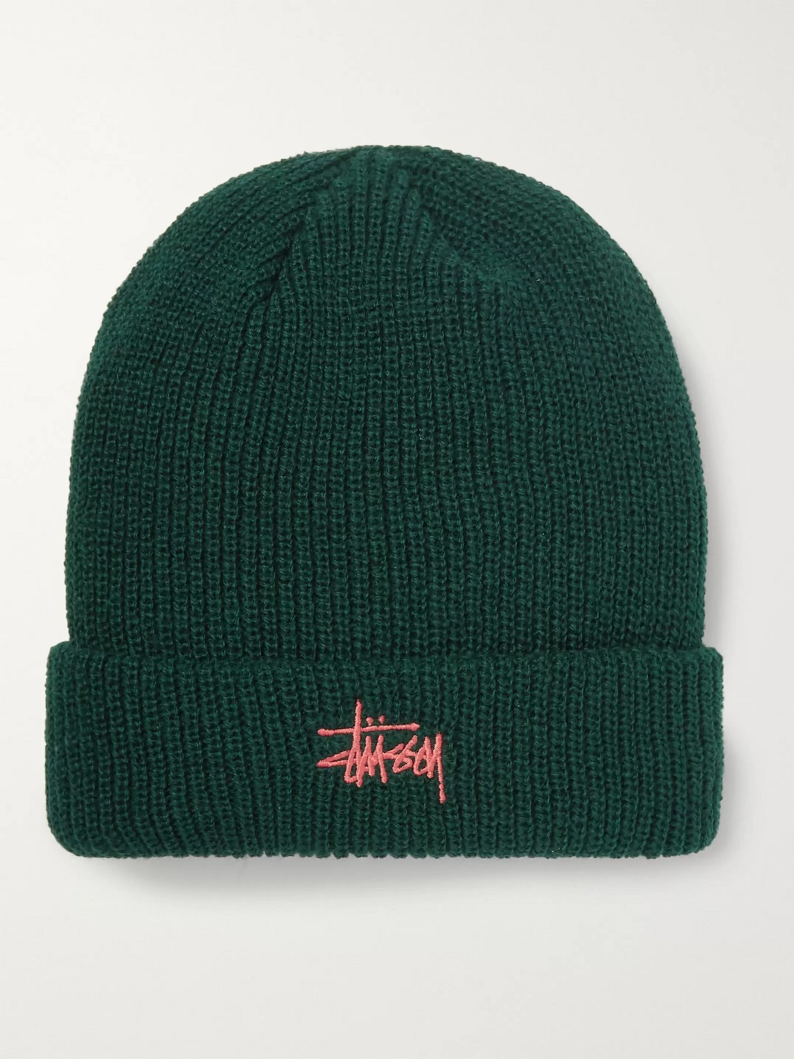 Stussy Logo-embroidered Ribbed-knit Beanie In Green