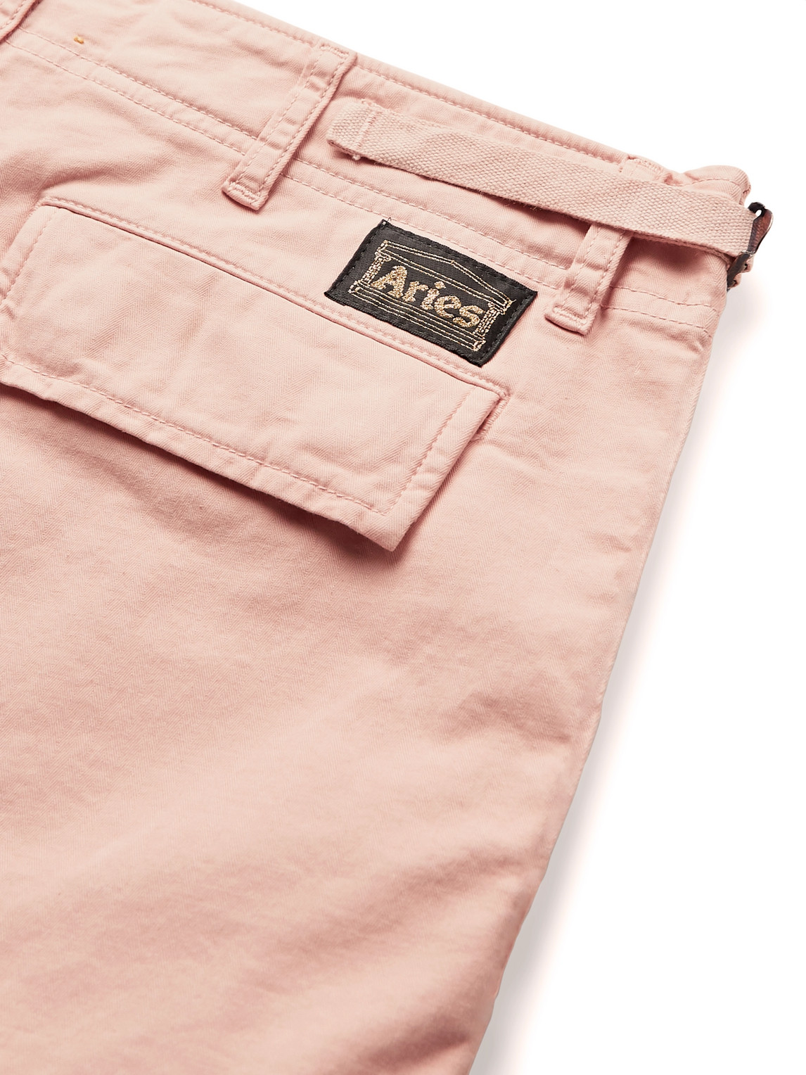 Shop Aries Garment-dyed Herringbone Stretch-cotton Cargo Trousers In Pink