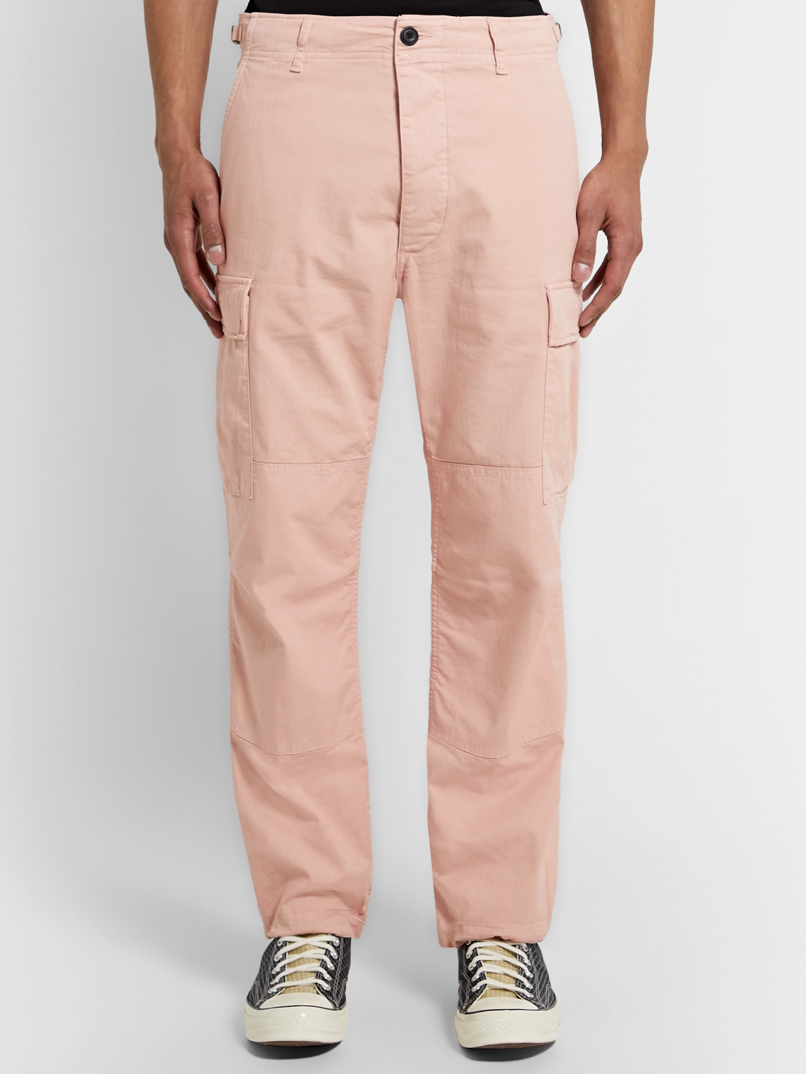 Shop Aries Garment-dyed Herringbone Stretch-cotton Cargo Trousers In Pink