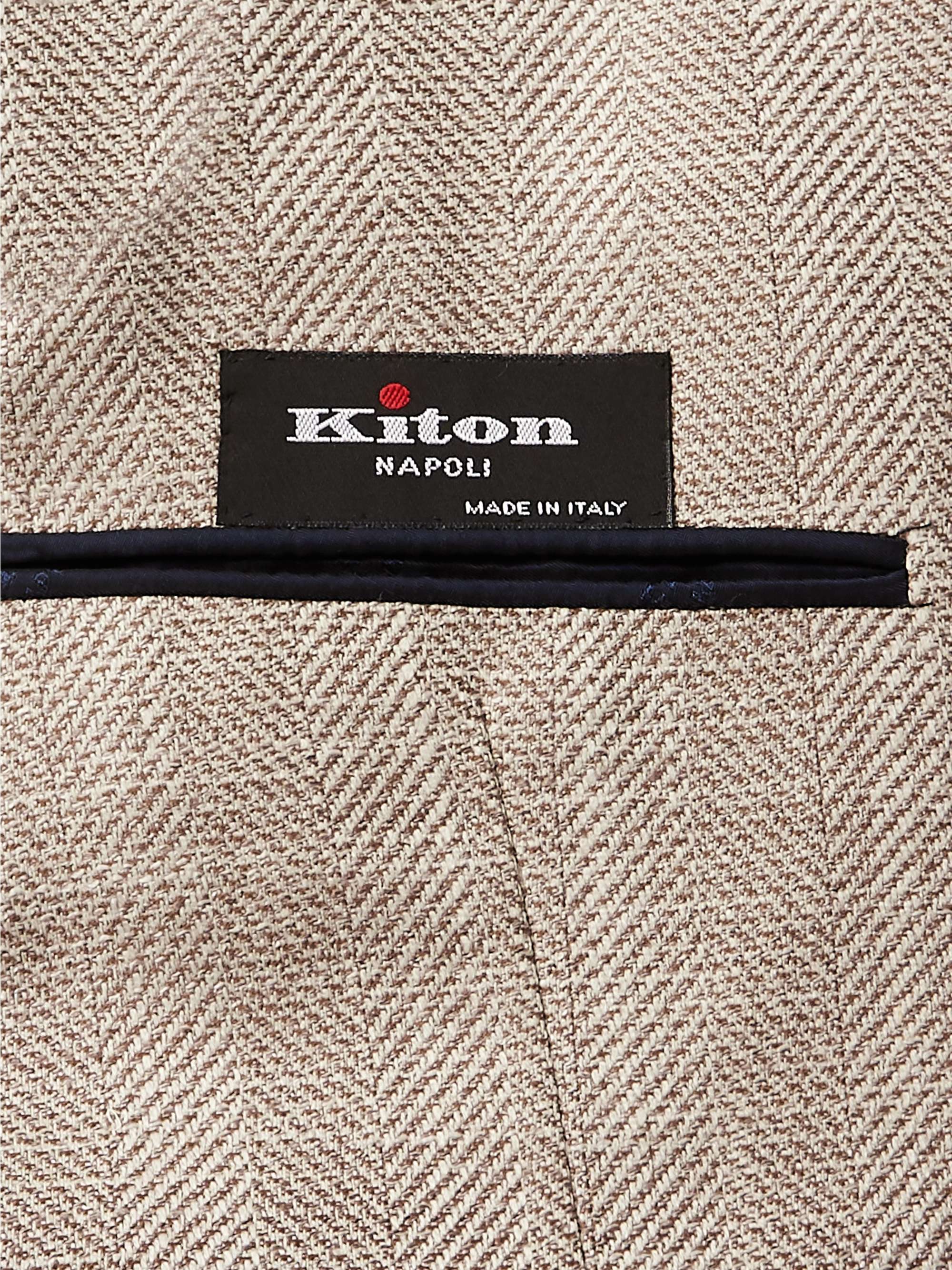 KITON Cream Unstructured Herringbone Cashmere, Wool, Silk and Linen-Blend Blazer