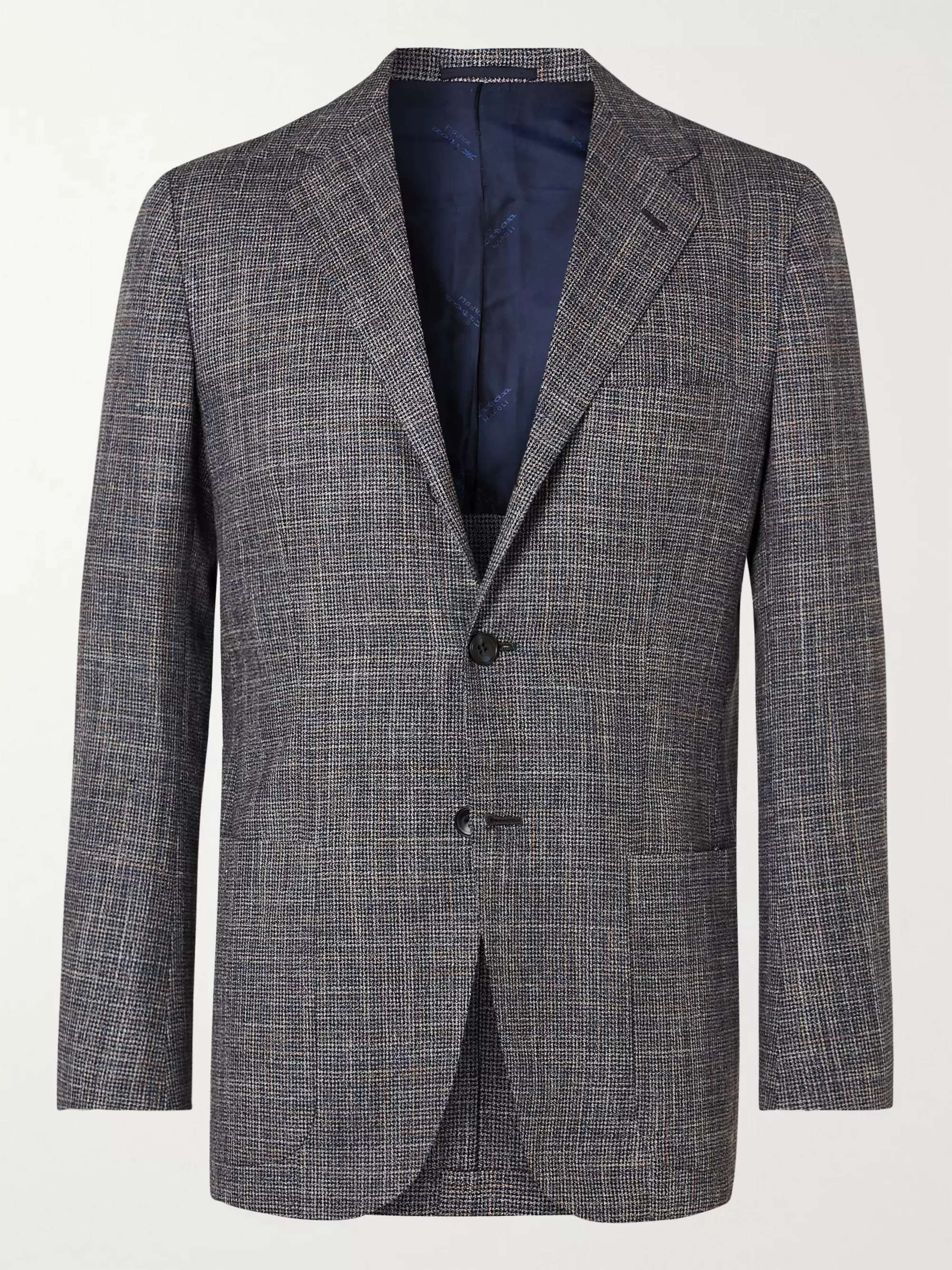 KITON Puppytooth Cashmere, Virgin Wool, Silk and Linen-Blend Suit Jacket