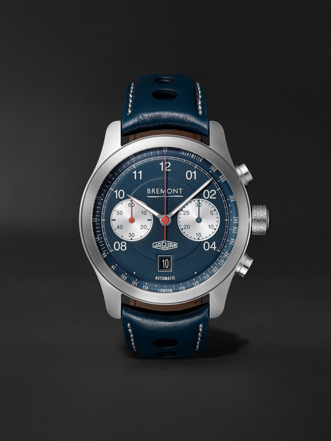 BREMONT JAGUAR D-TYPE LIMITED EDITION AUTOMATIC CHRONOGRAPH 43MM STAINLESS STEEL AND LEATHER WATCH, REF. NO.
