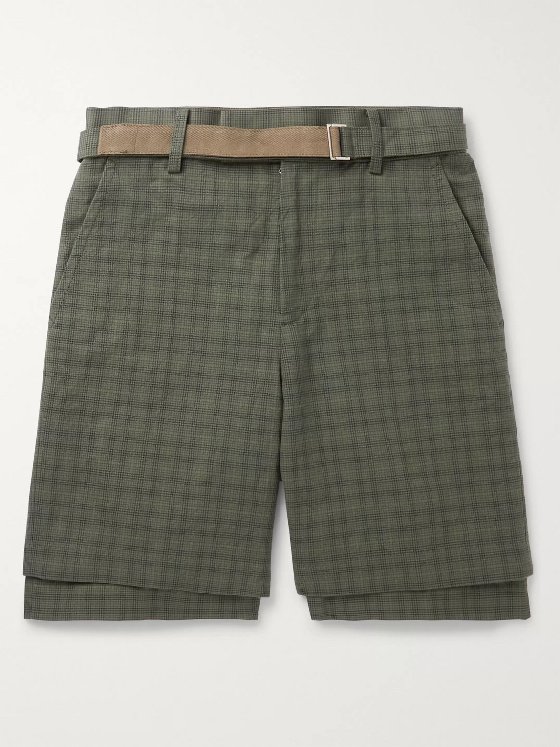 Sacai Belted Checked Cotton Shorts In Brown