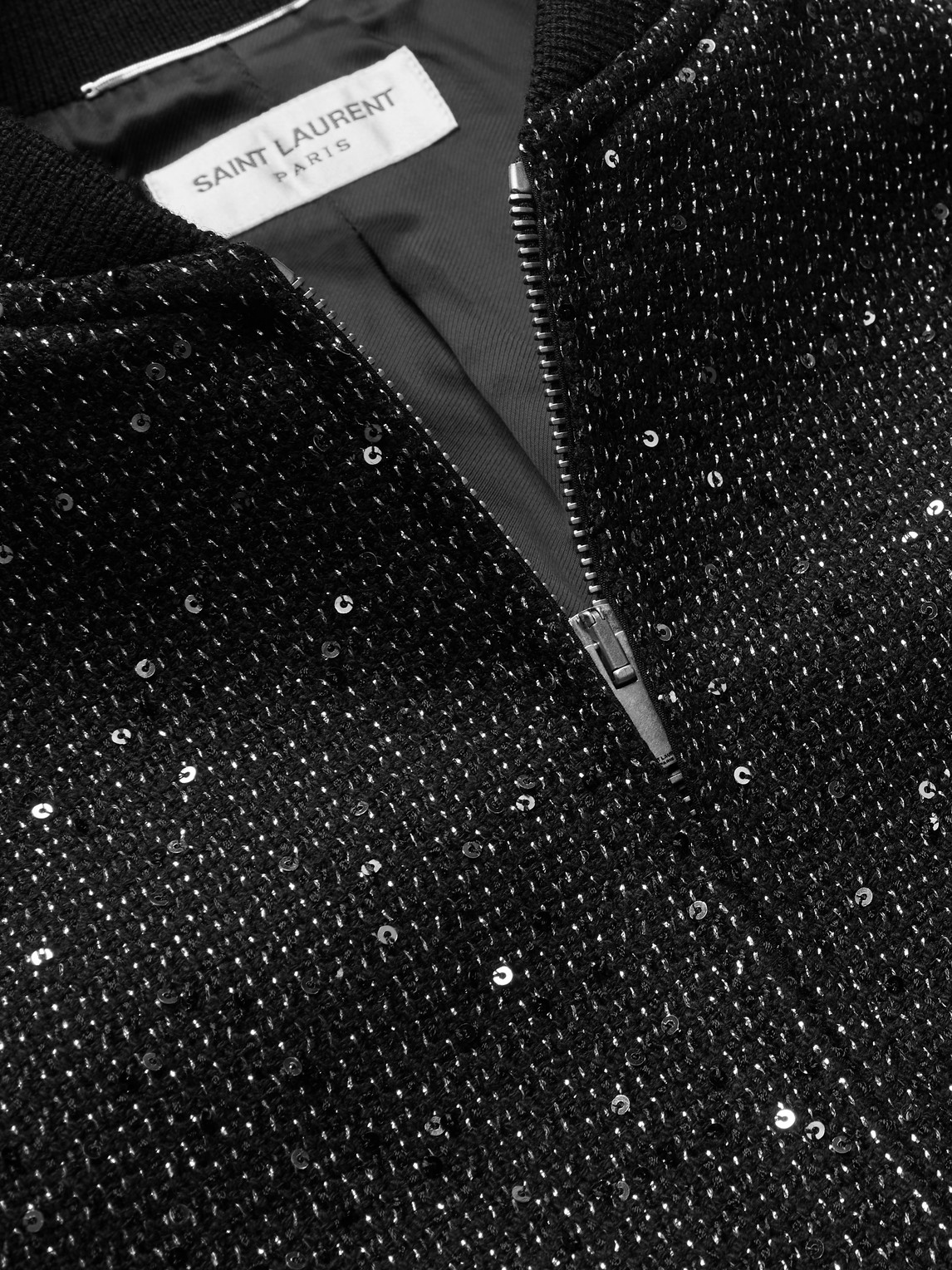 Shop Saint Laurent Embellished Woven Bomber Jacket In Black