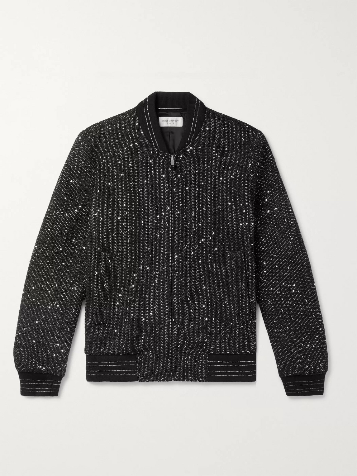 Shop Saint Laurent Embellished Woven Bomber Jacket In Black