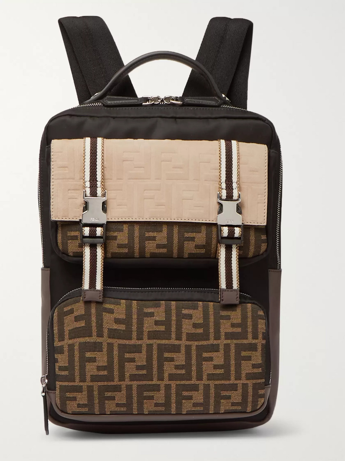 FENDI LEATHER- AND NYLON-TRIMMED LOGO-PRINT CANVAS AND EMBOSSED-SUEDE BACKPACK
