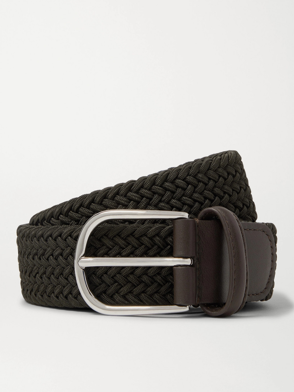 Anderson's 3.5cm Leather-trimmed Woven Elastic Belt In Green