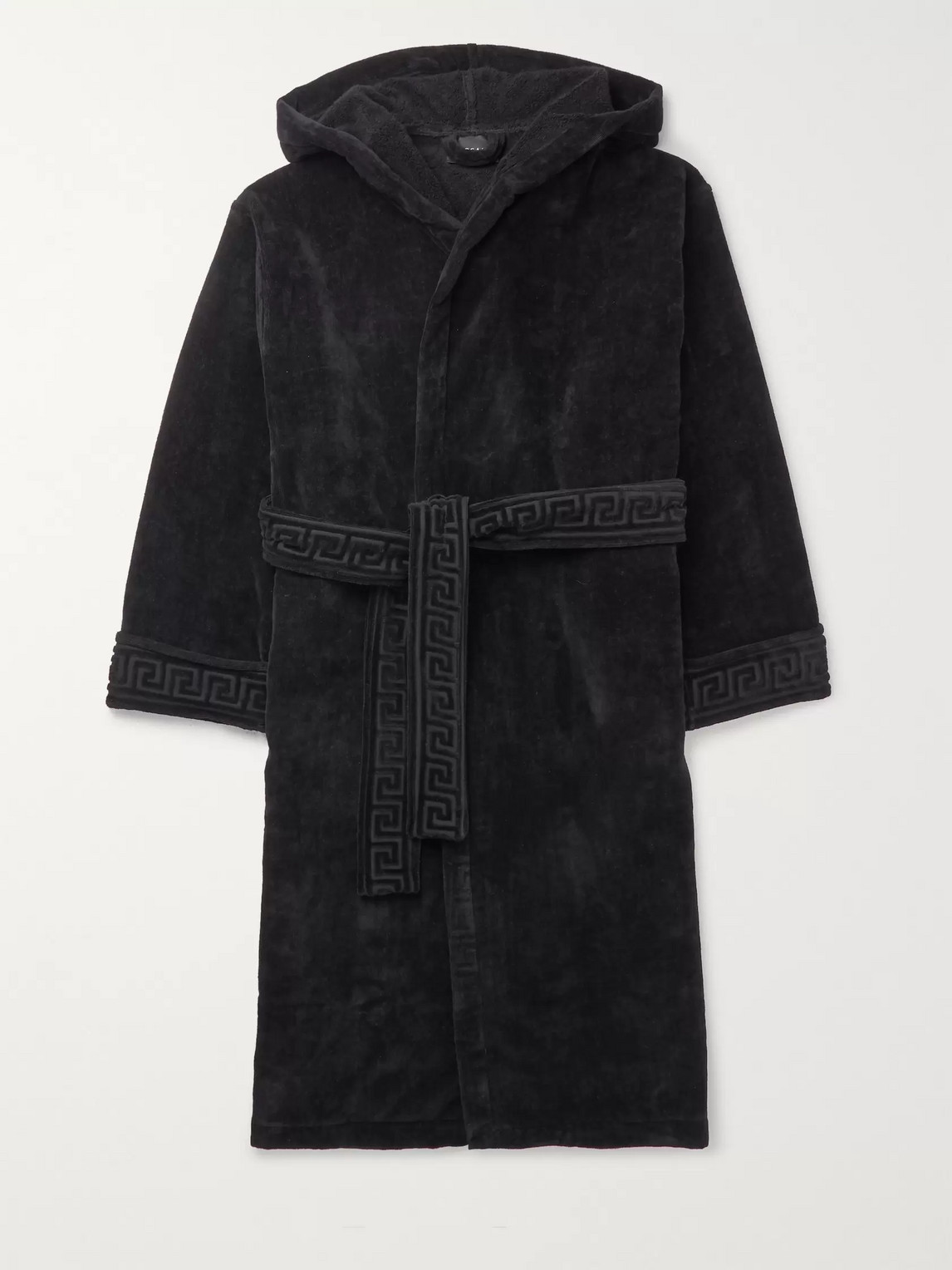 Versace Logo-jacquard Cotton-terry Hooded Robe In Black