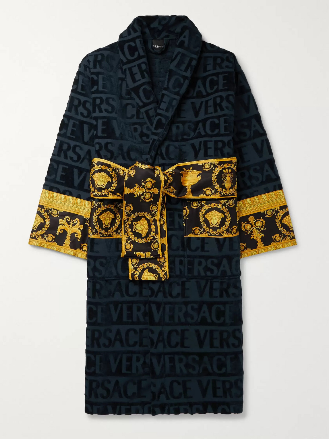 Versace Printed Satin-trimmed Logo-jacquard Cotton-terry Robe In Blue