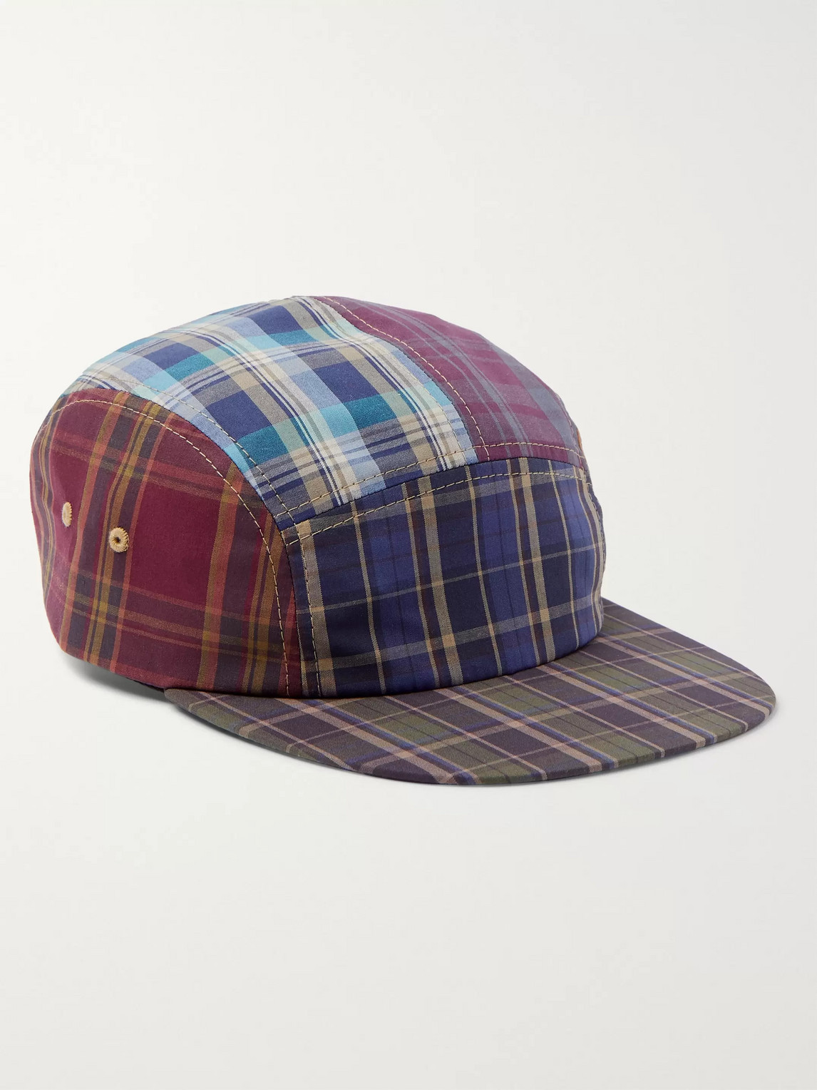 Beams Patchwork Checked Cotton Cap In Blue