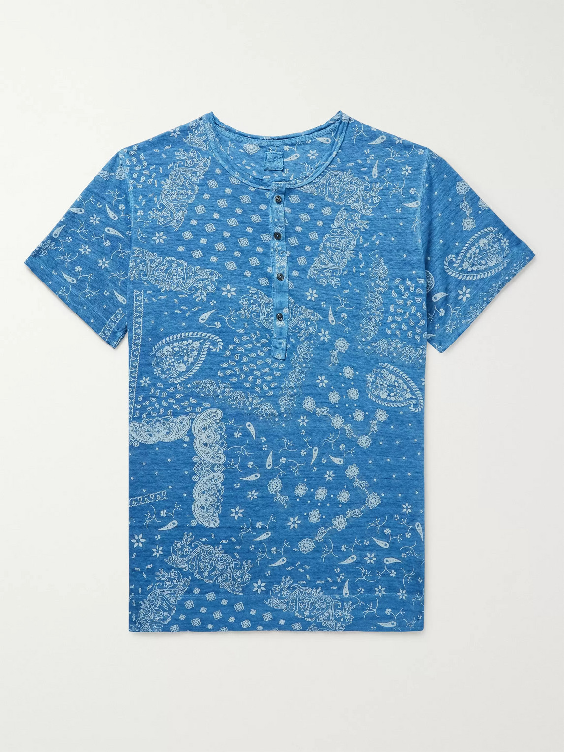 120% Garment-dyed Paisley-print Cotton-jersey Henley T-shirt In Blue