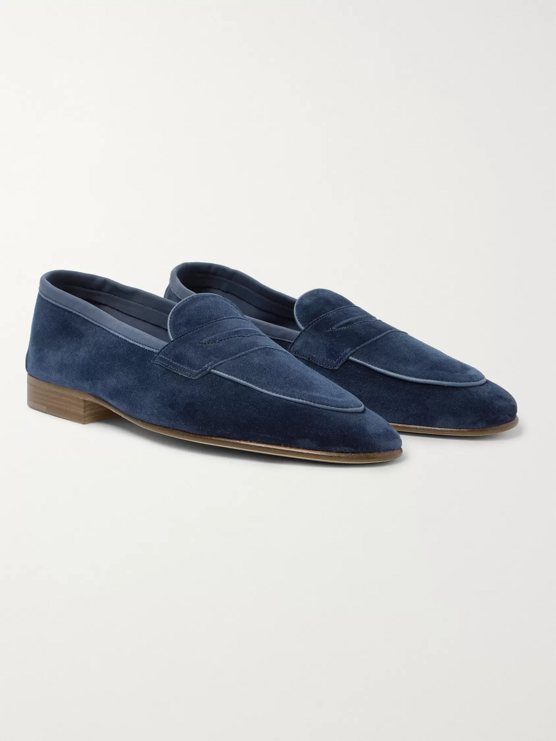 Edward Green Polperro Leather-trimmed Suede Penny Loafers In Blue