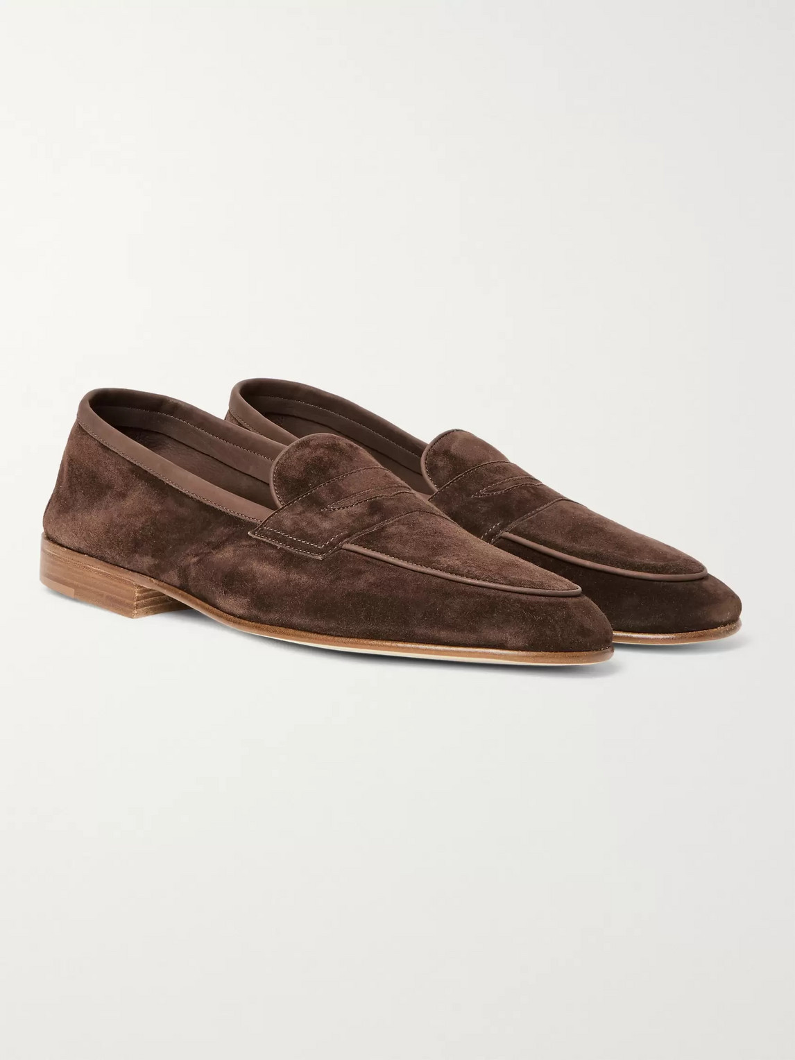 Edward Green Polperro Leather-trimmed Suede Penny Loafers In Brown
