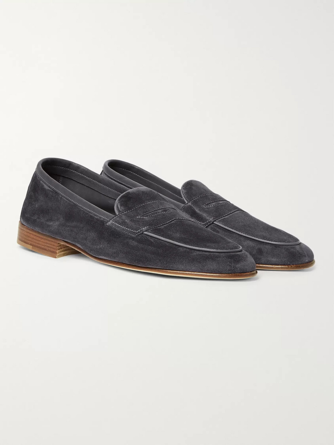 Edward Green Polperro Leather-trimmed Suede Penny Loafers In Gray