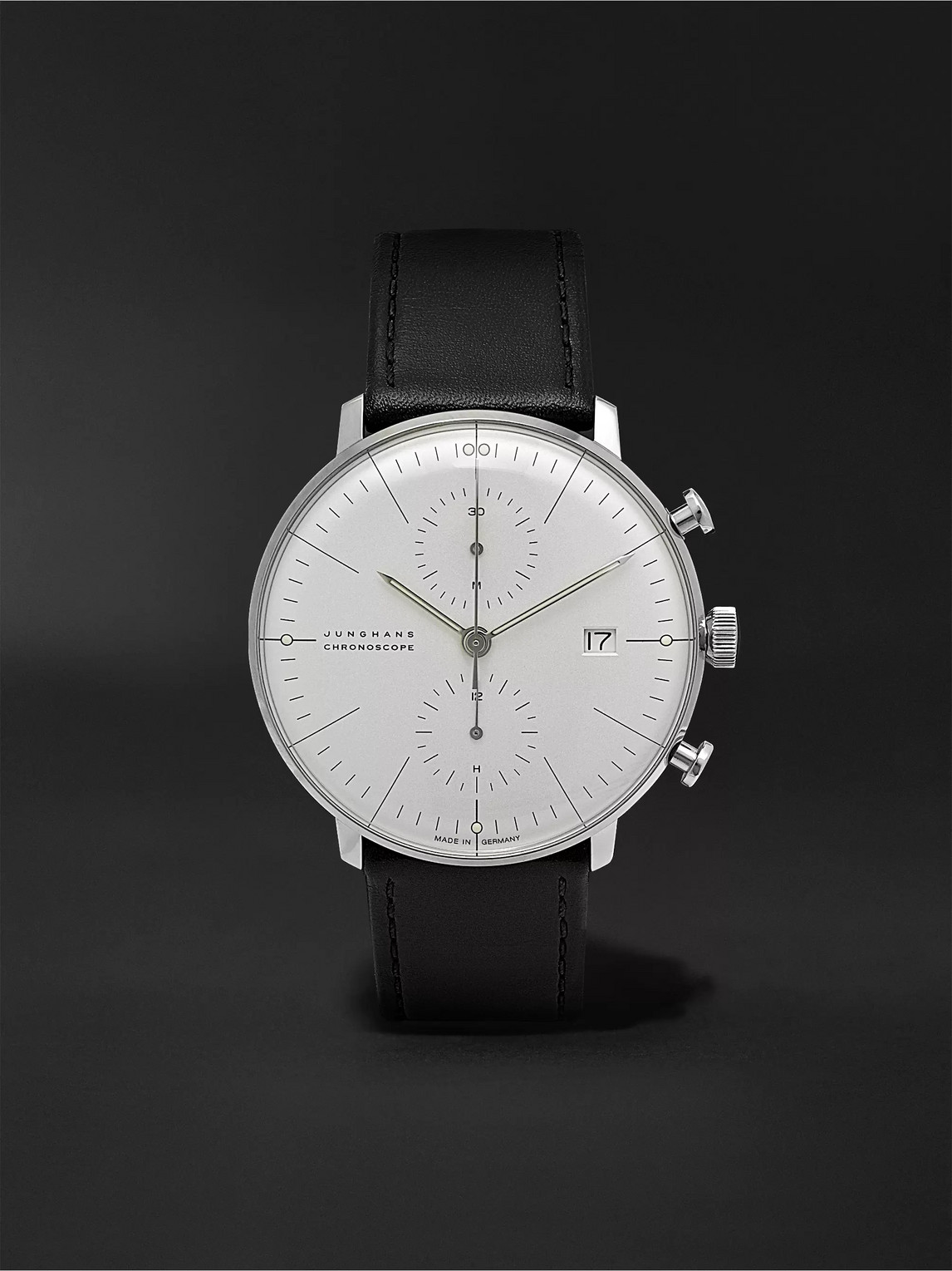 JUNGHANS MAX BILL AUTOMATIC CHRONOSCOPE 40MM STAINLESS STEEL AND LEATHER WATCH, REF. NO. 027/4600.04
