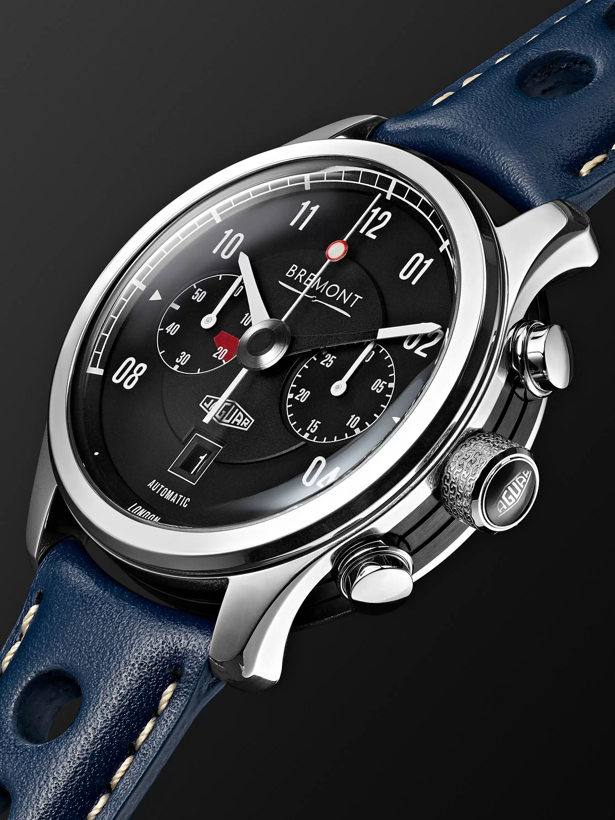 BREMONT MKII Jaguar Automatic Chronograph 43mm Stainless Steel and Leather Watch, Ref. No. J-MKII-BK-R-S