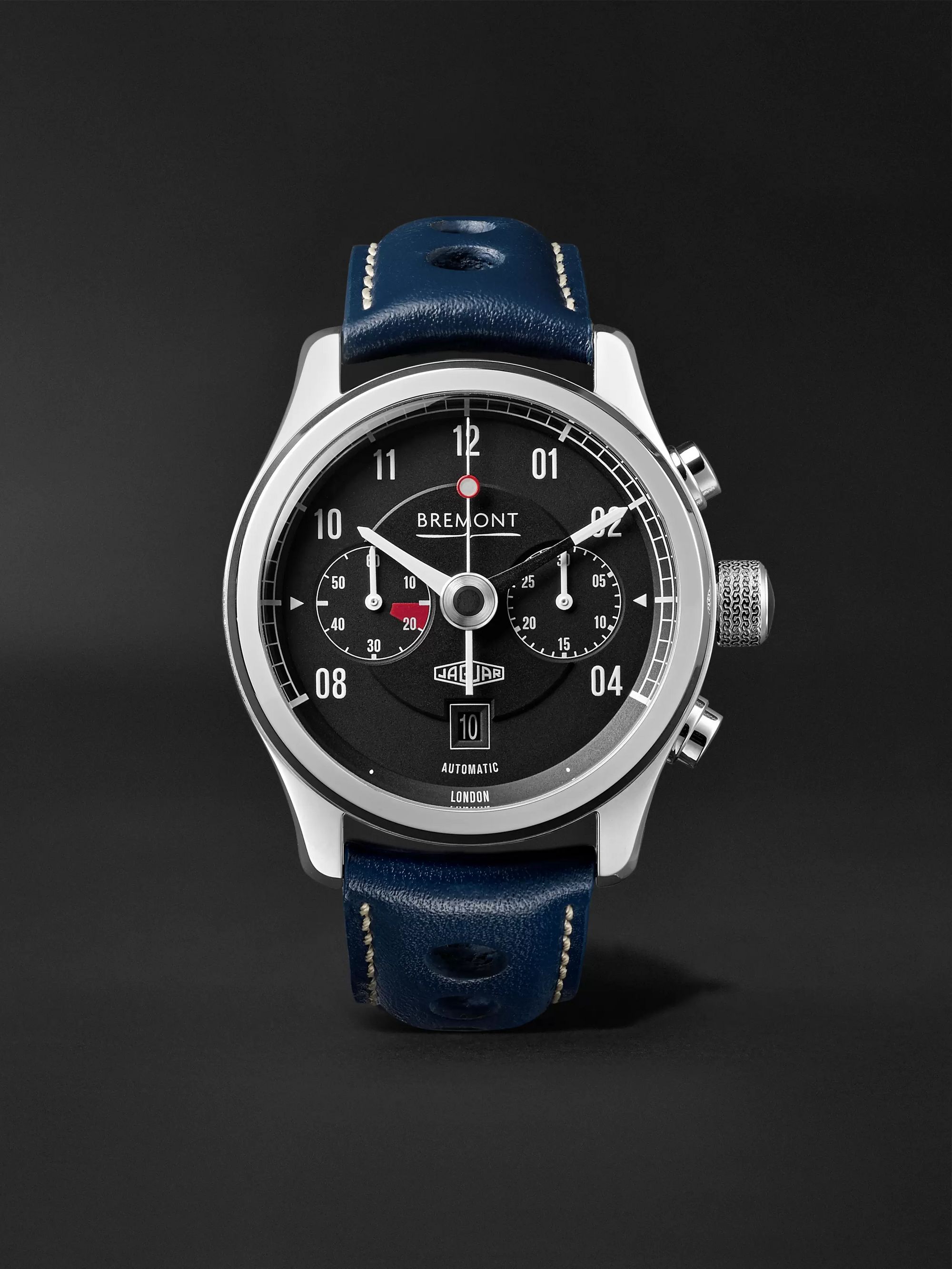 BREMONT MKII Jaguar Automatic Chronograph 43mm Stainless Steel and Leather Watch, Ref. No. J-MKII-BK-R-S