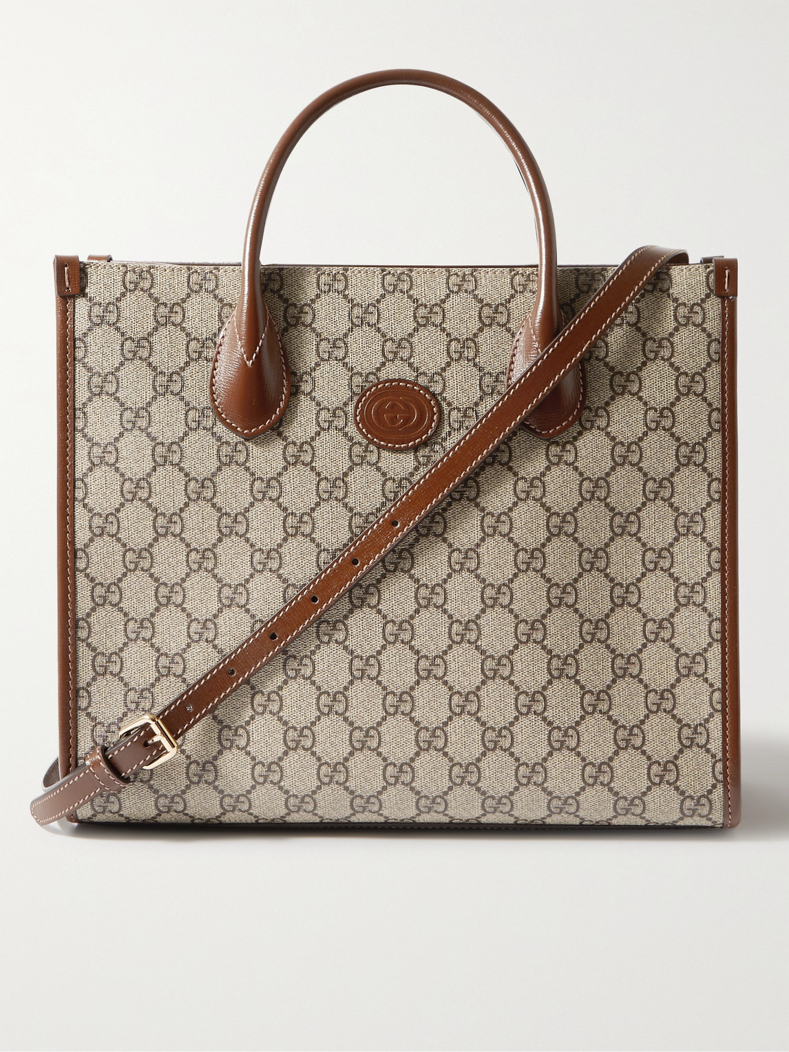 Gucci Ophidia Leather-trimmed Monogrammed Coated-canvas Tote Bag In Brown