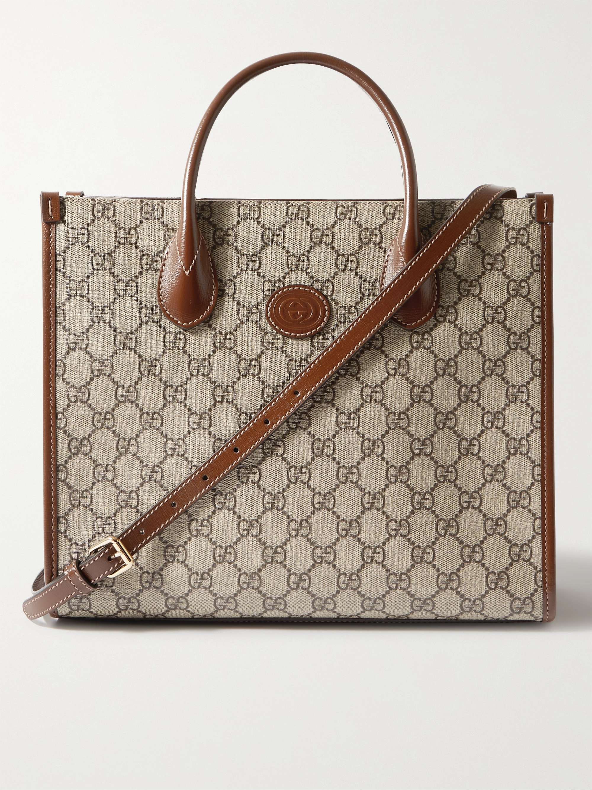 GUCCI Leather-Trimmed Monogrammed Coated-Canvas Tote Bag