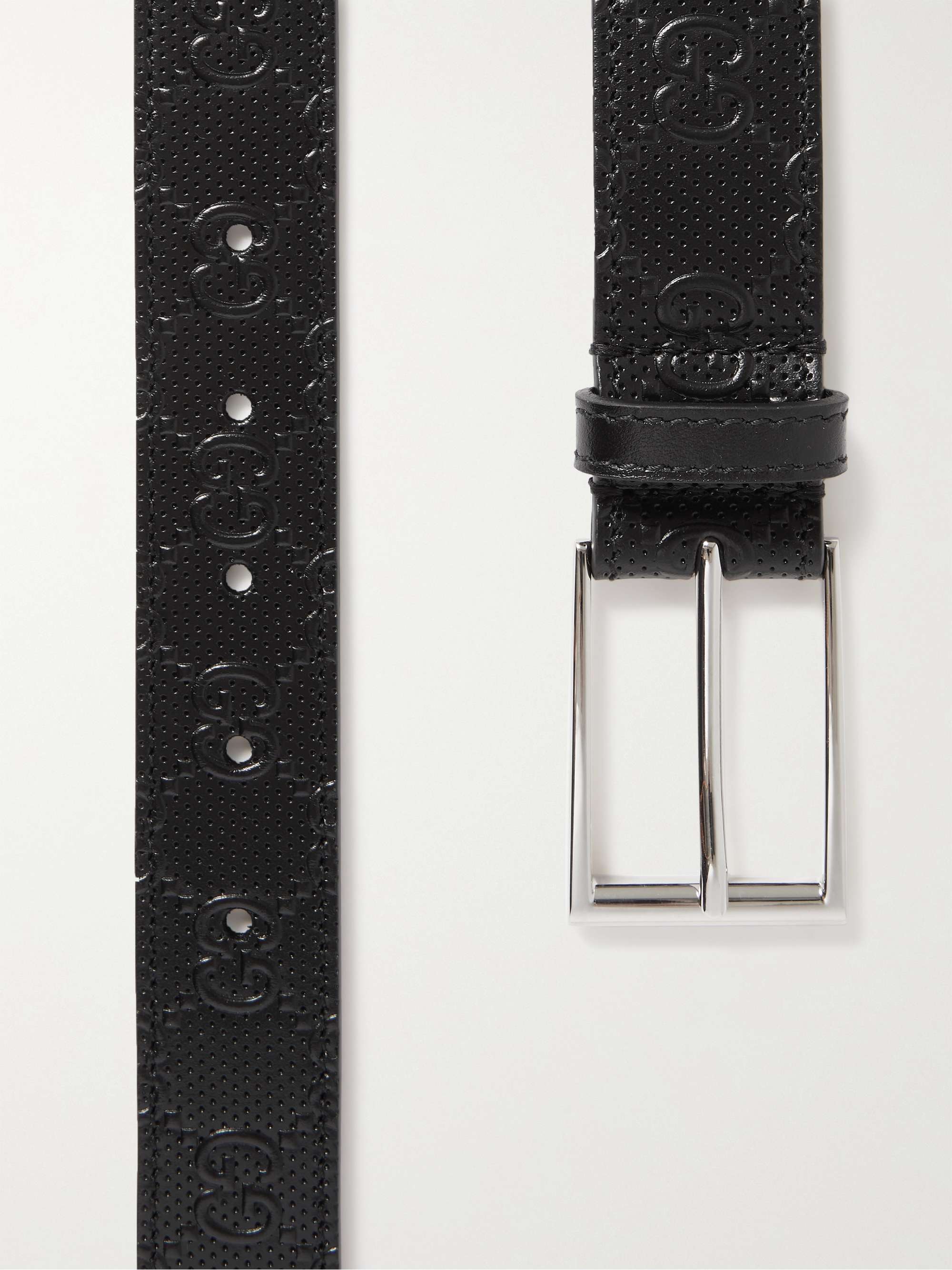 GUCCI 3cm Logo-Embossed Perforated Leather Belt