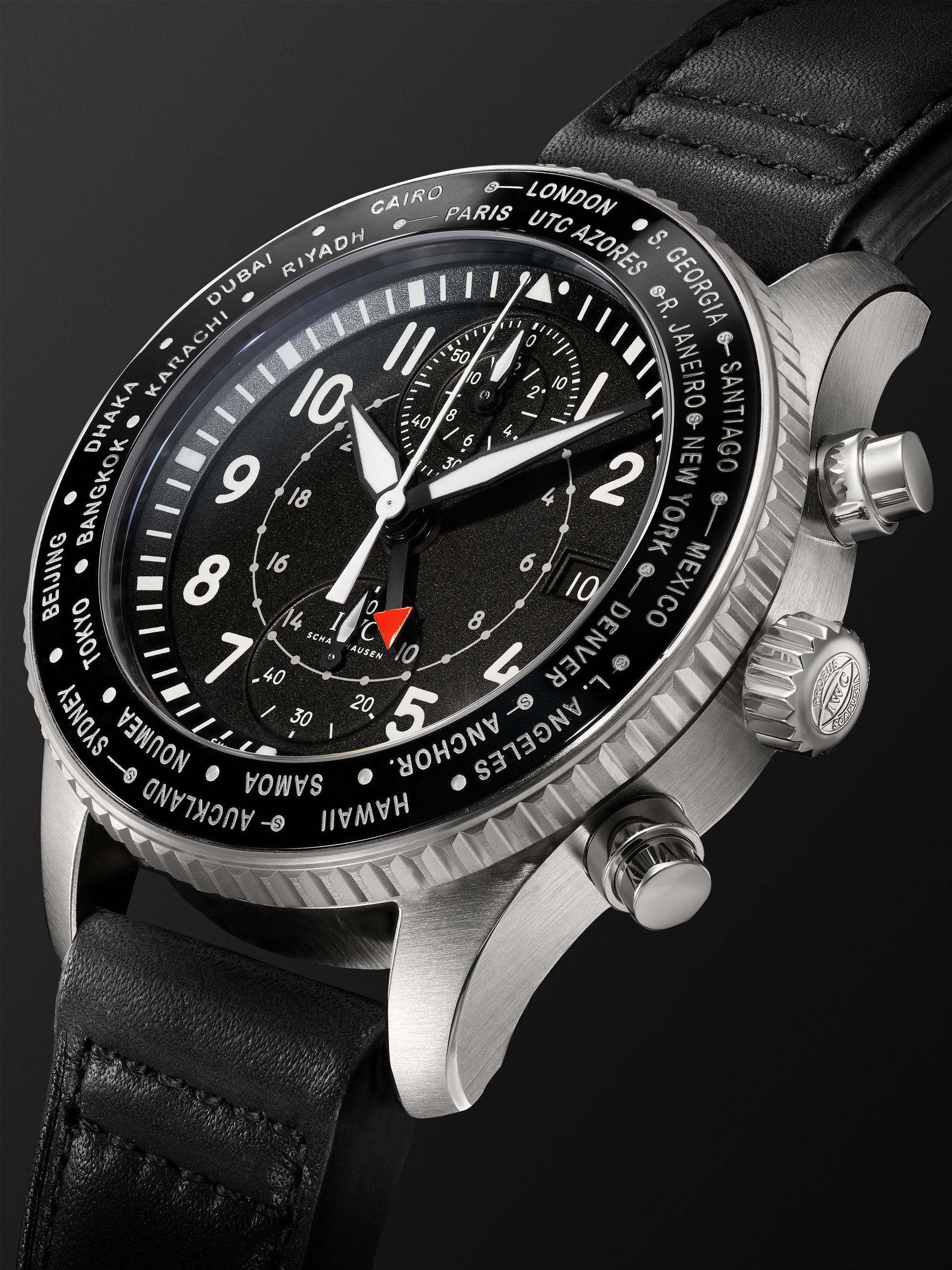 IWC SCHAFFHAUSEN Pilot's Timezoner Automatic Chronograph 46mm Stainless Steel and Leather Watch, Ref. No. IW395001