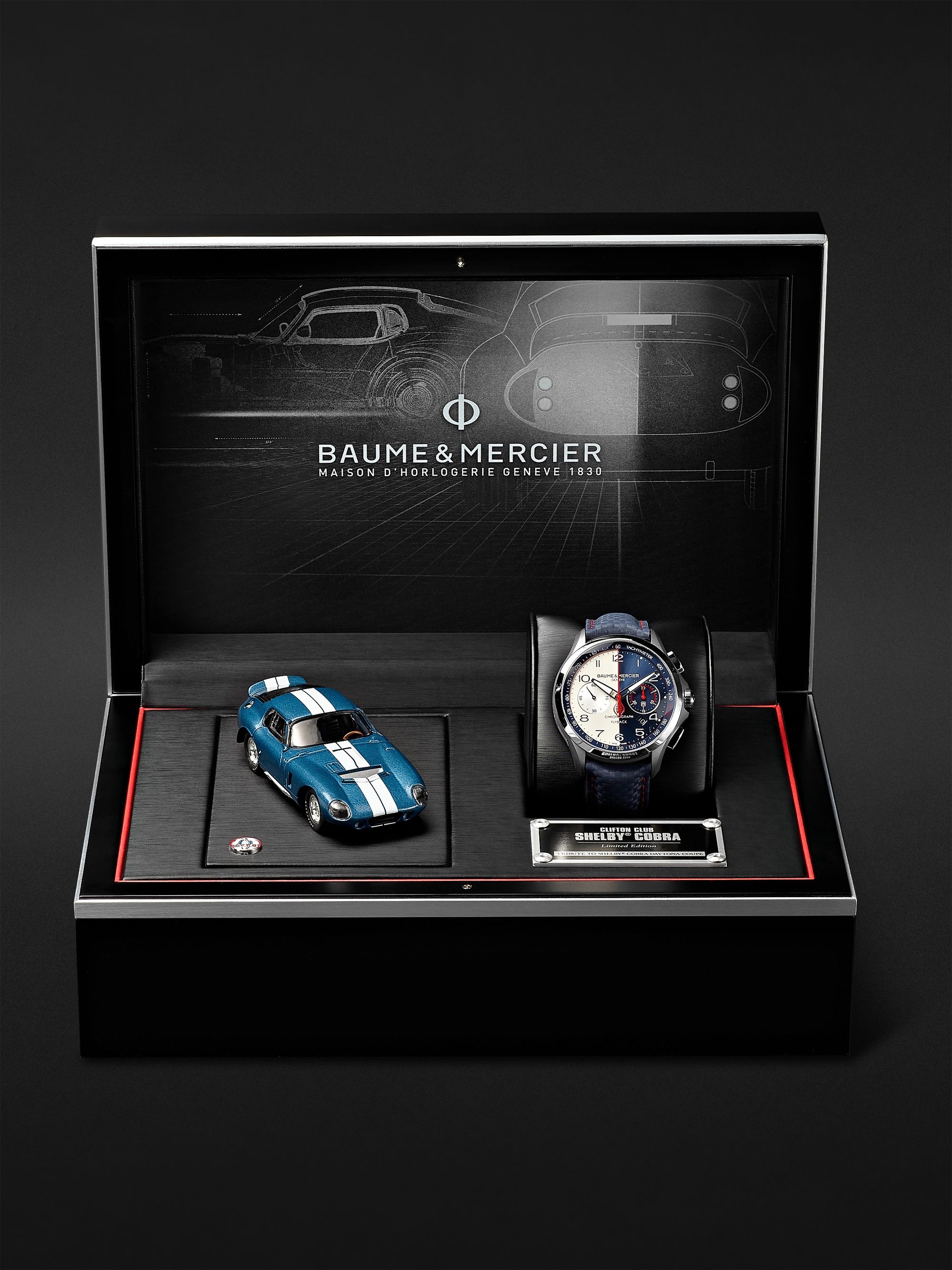 BAUME & MERCIER Clifton Club Limited Edition Shelby Cobra Automatic Flyback Chronograph 44mm Stainless Steel and Leather Watch, Ref. No. 10344