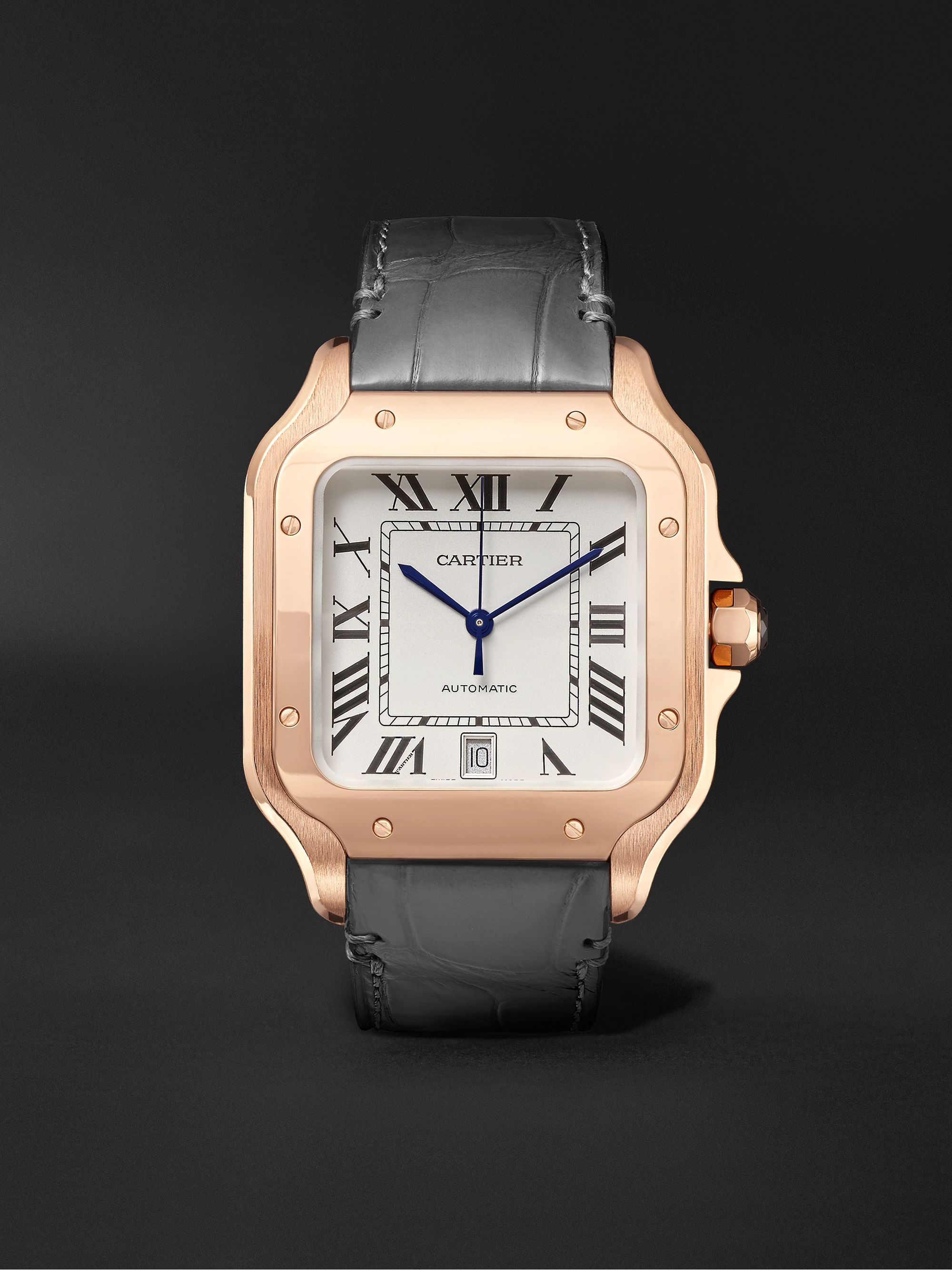 CARTIER Santos Automatic 39.8mm 18-Karat Rose Gold Interchangeable Alligator and Leather Watch, Ref. No. WGSA0011